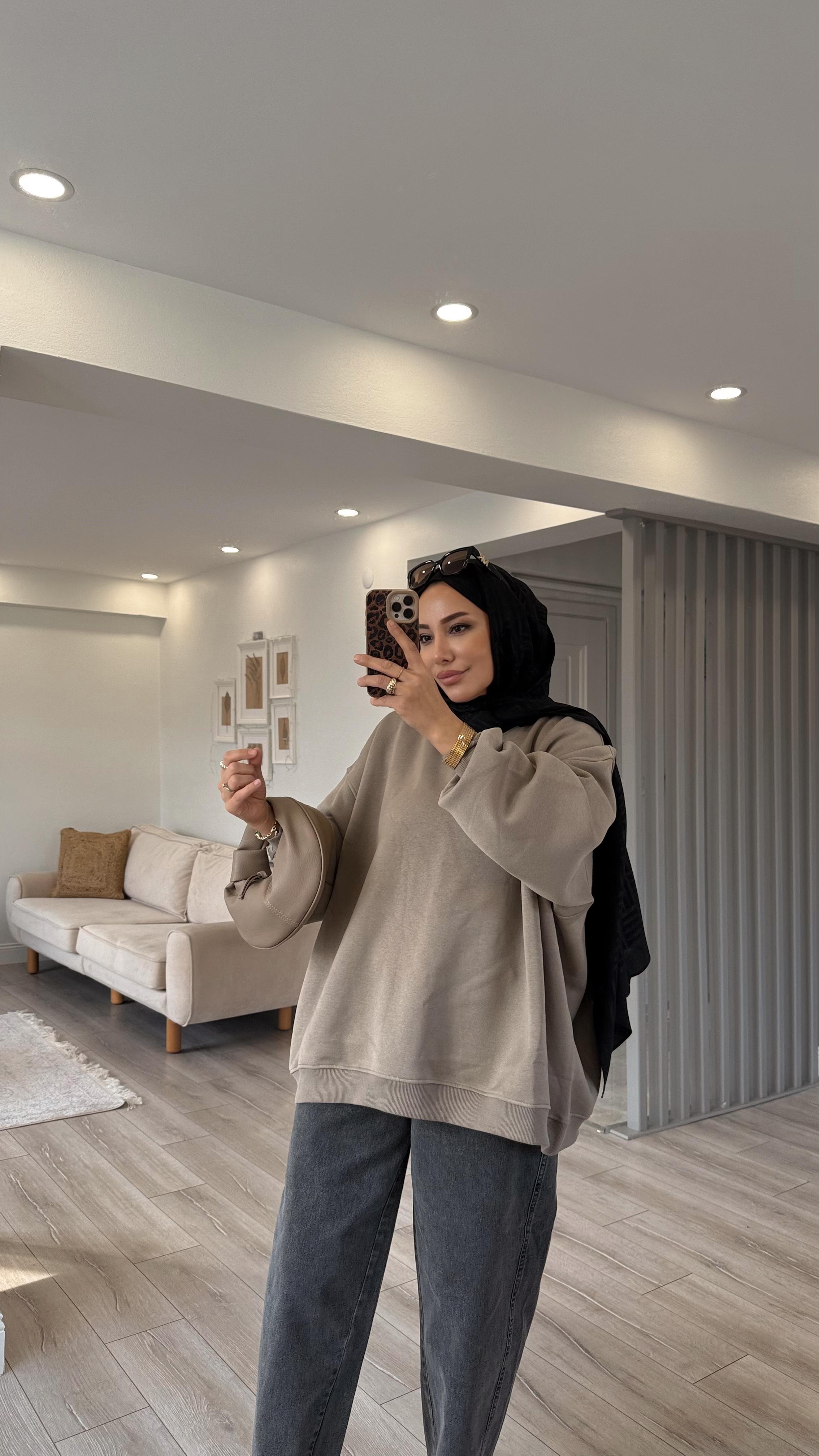 OWERSİZE ŞARDONLU SWEAT - Vizon