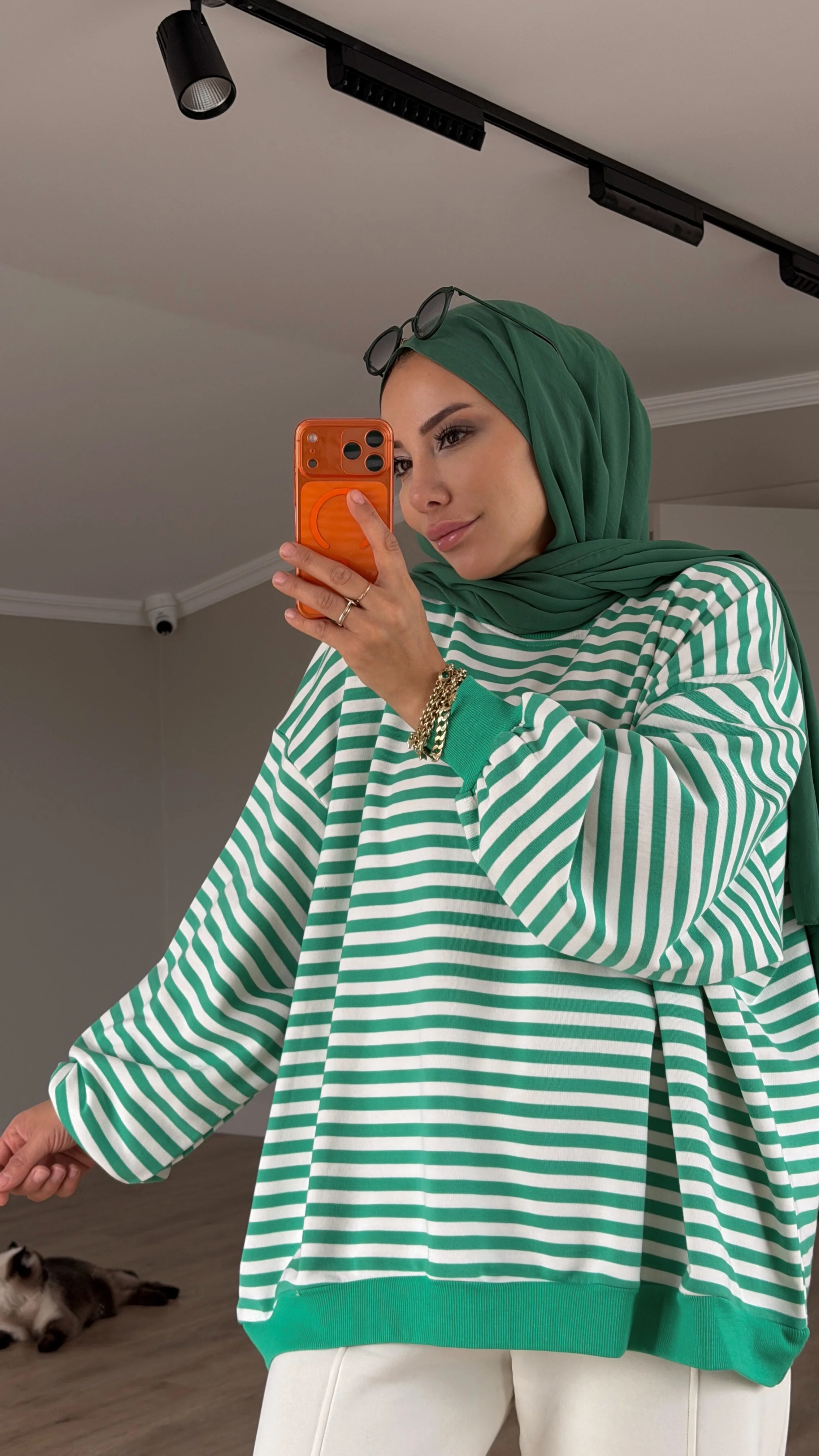 ÇİZGİLİ OWERSİZE SWEAT - YEŞİL ÇİZGİLİ