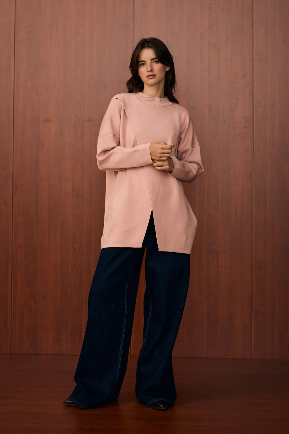 V PAMUK MERSERİZE KAZAK - PUDRA