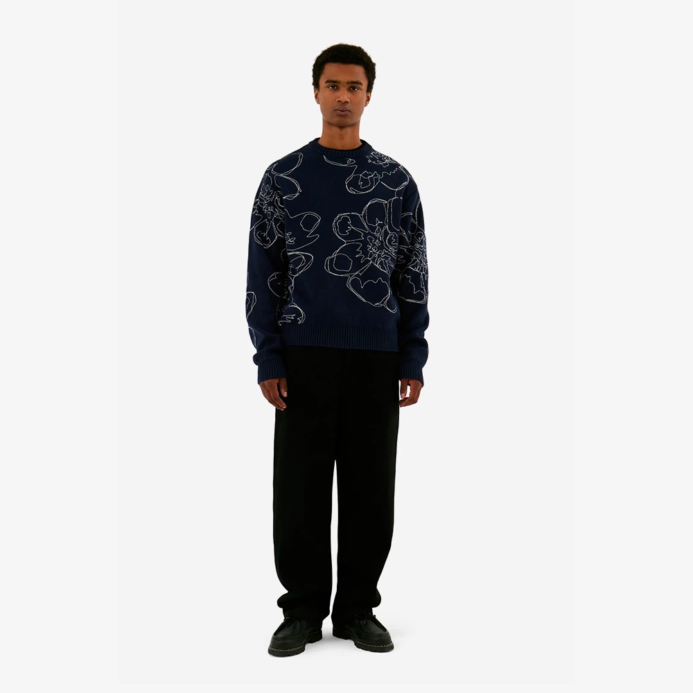 Embroidered Flower Knit 'Navy'