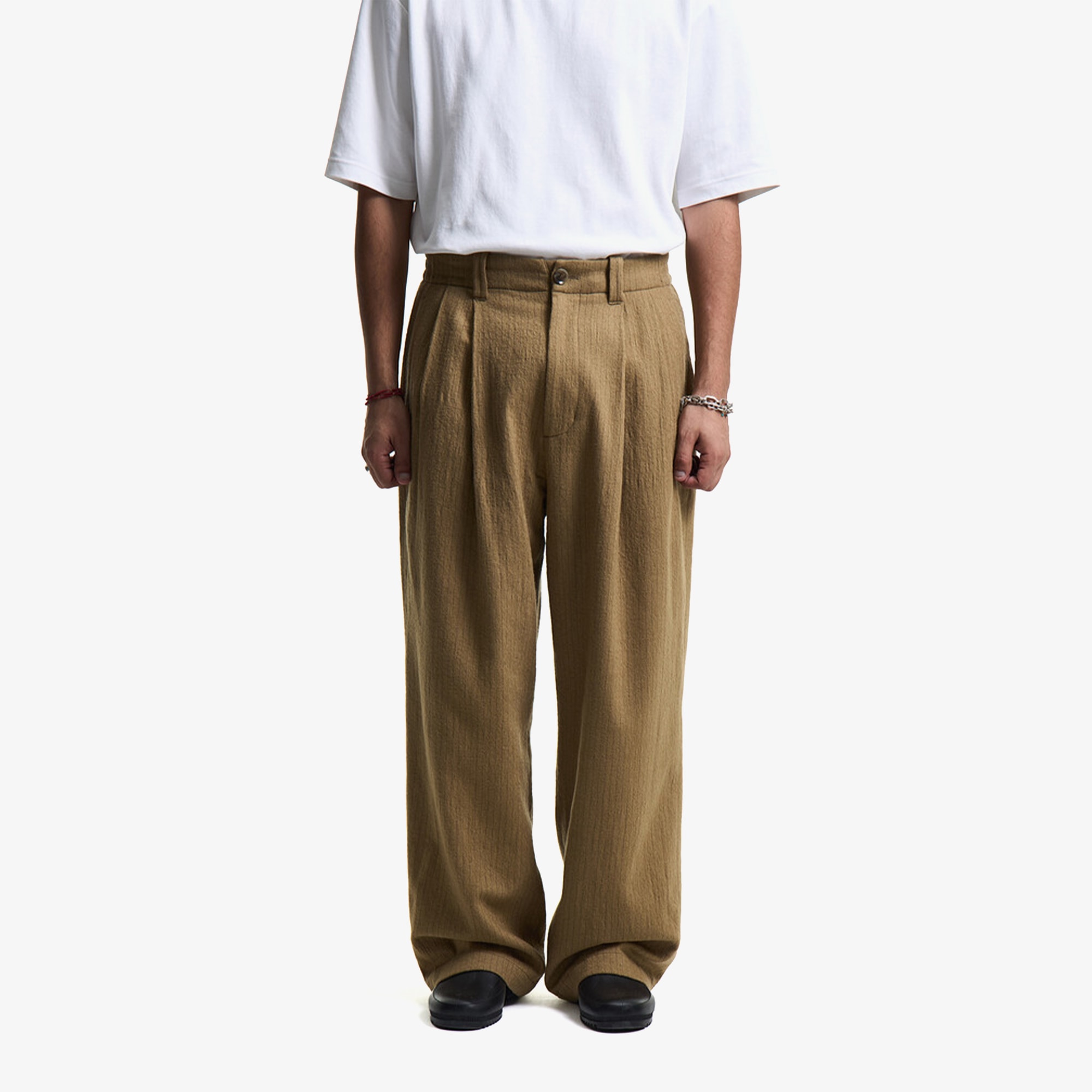 Premium Vintage Wool Striped Wide Pants 'Peanut Brown'