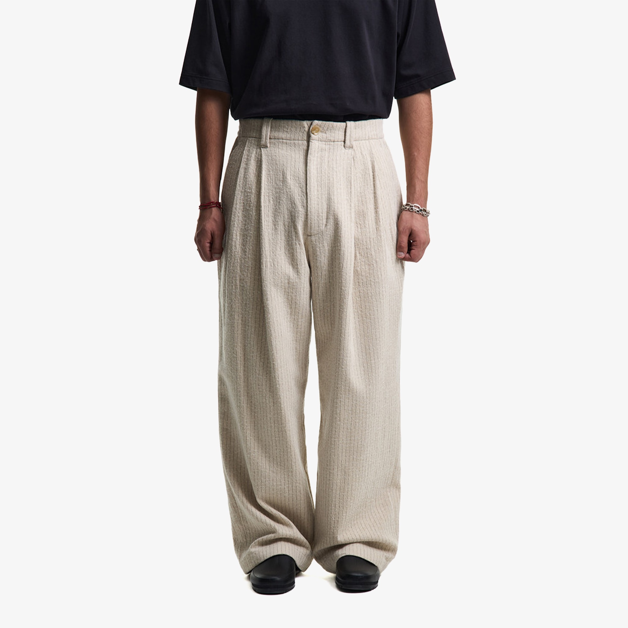 Premium Vintage Wool Striped Wide Pants 'Born White'