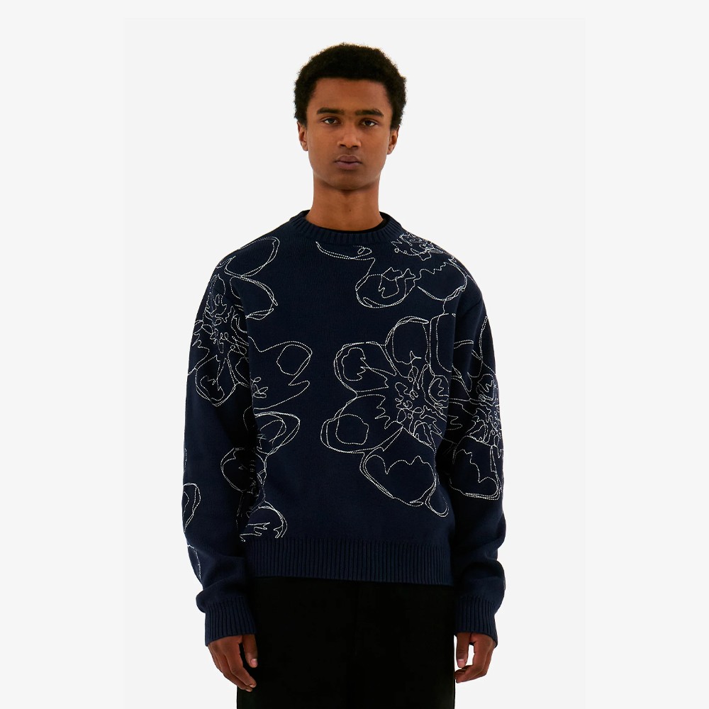 Embroidered Flower Knit 'Navy'