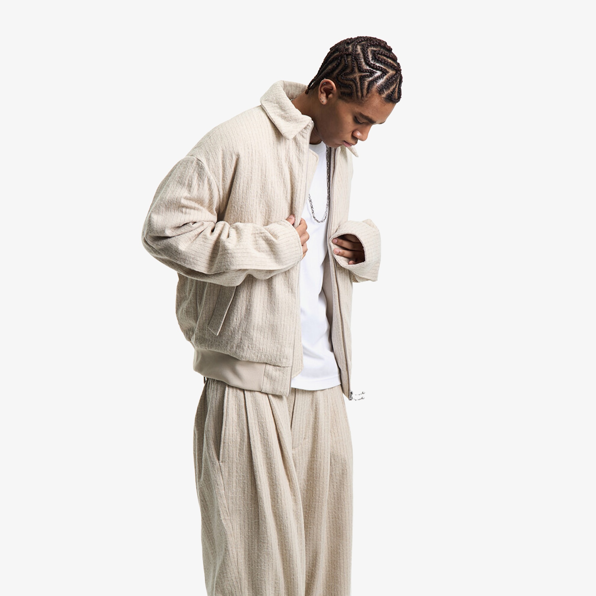 Premium Vintage Woolen Stripe Blouson 'Born White'