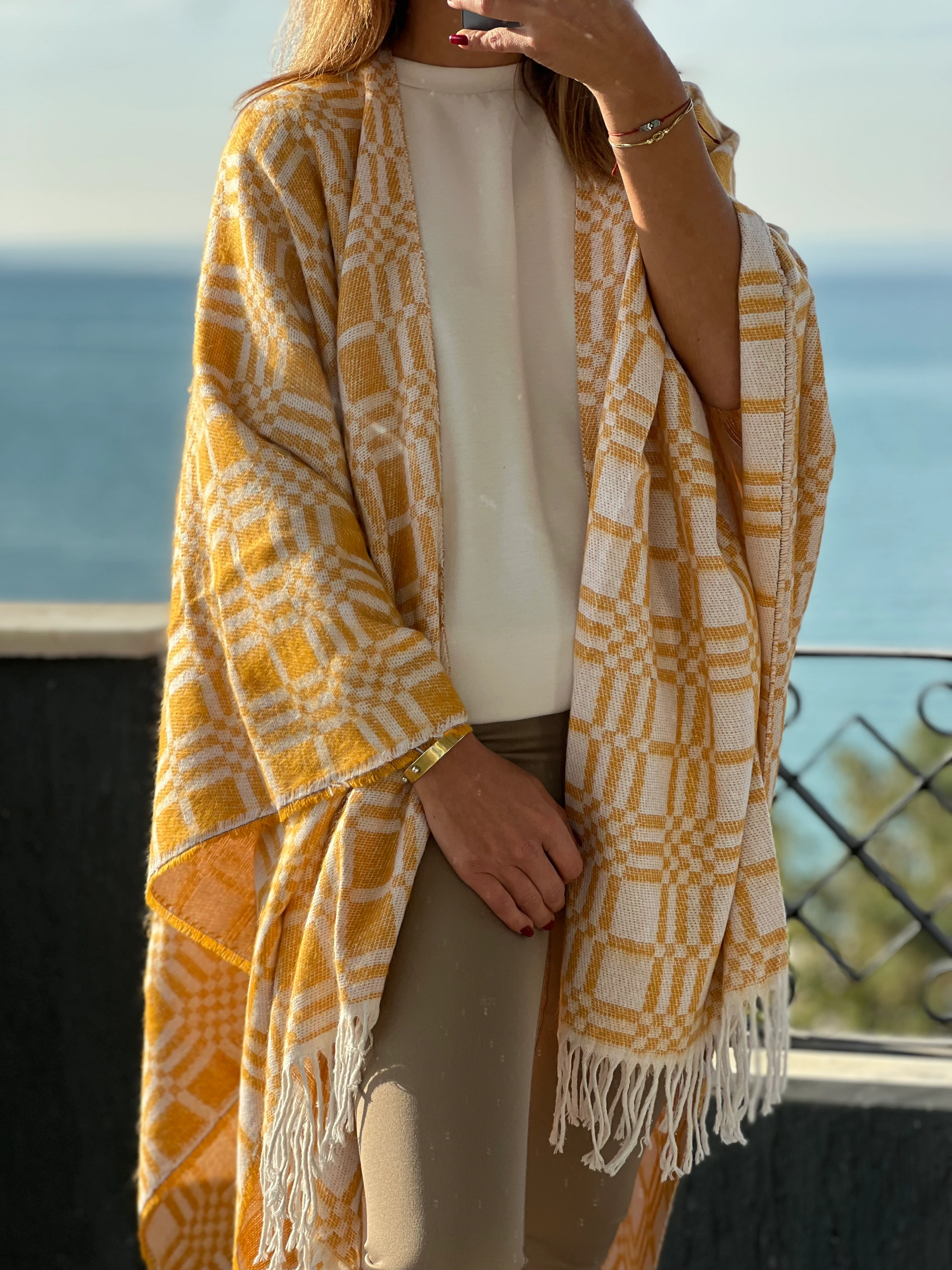 Whoknows Desenli Triko Çift Taraflı Panço Şal