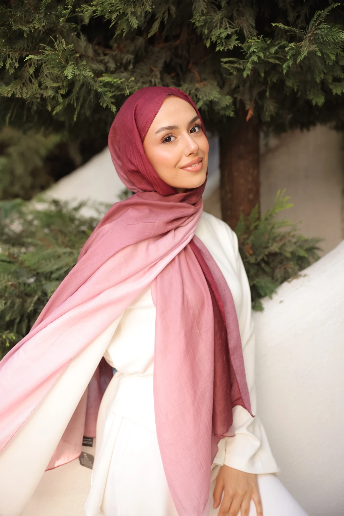 Degrade İki Renkli Bambu Kraş Şal Tok Duran Kadın Şal Haki - pembe-mürdüm degrade