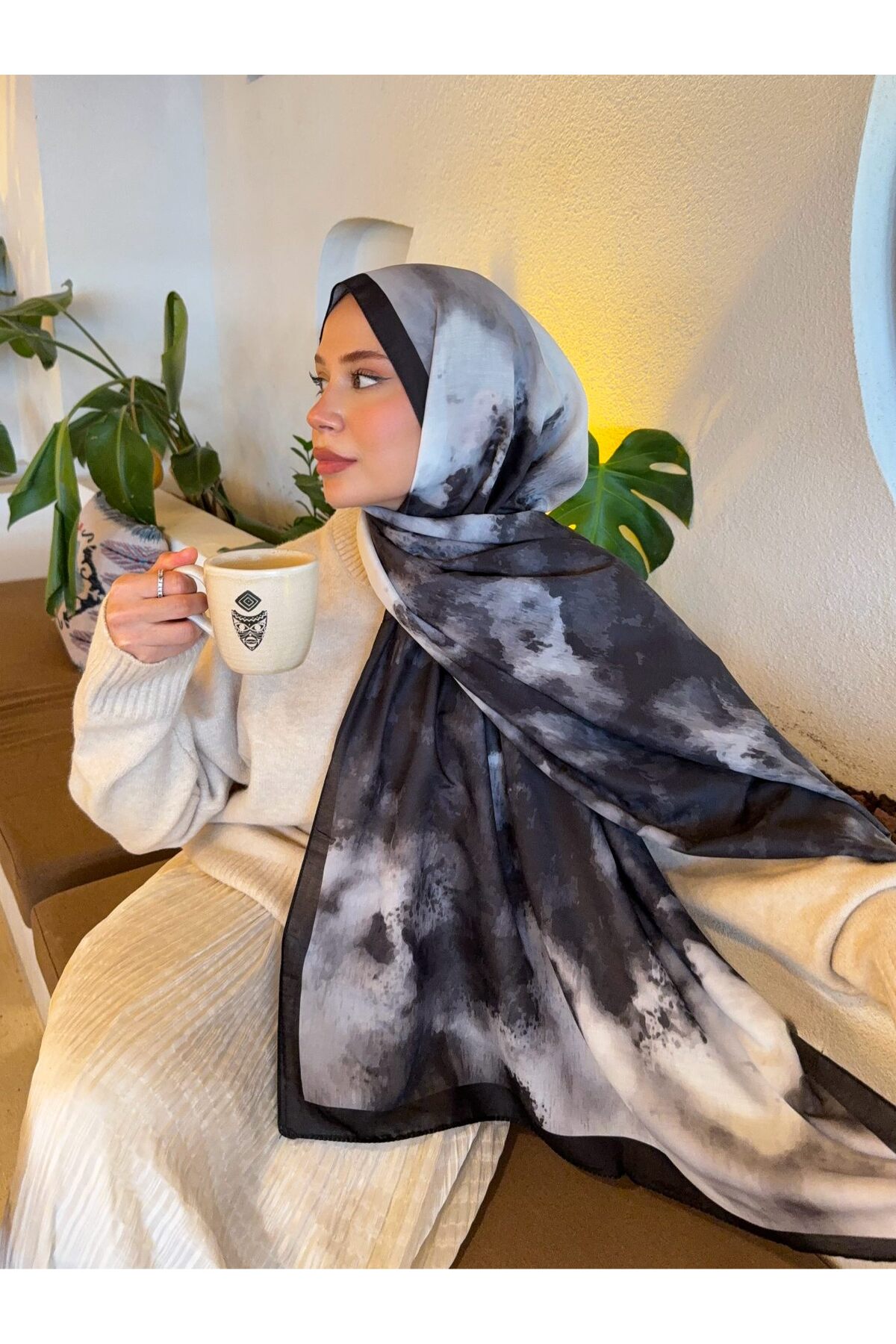 Degrade Pamuk Soft Şal   - siyah-beyaz degrade