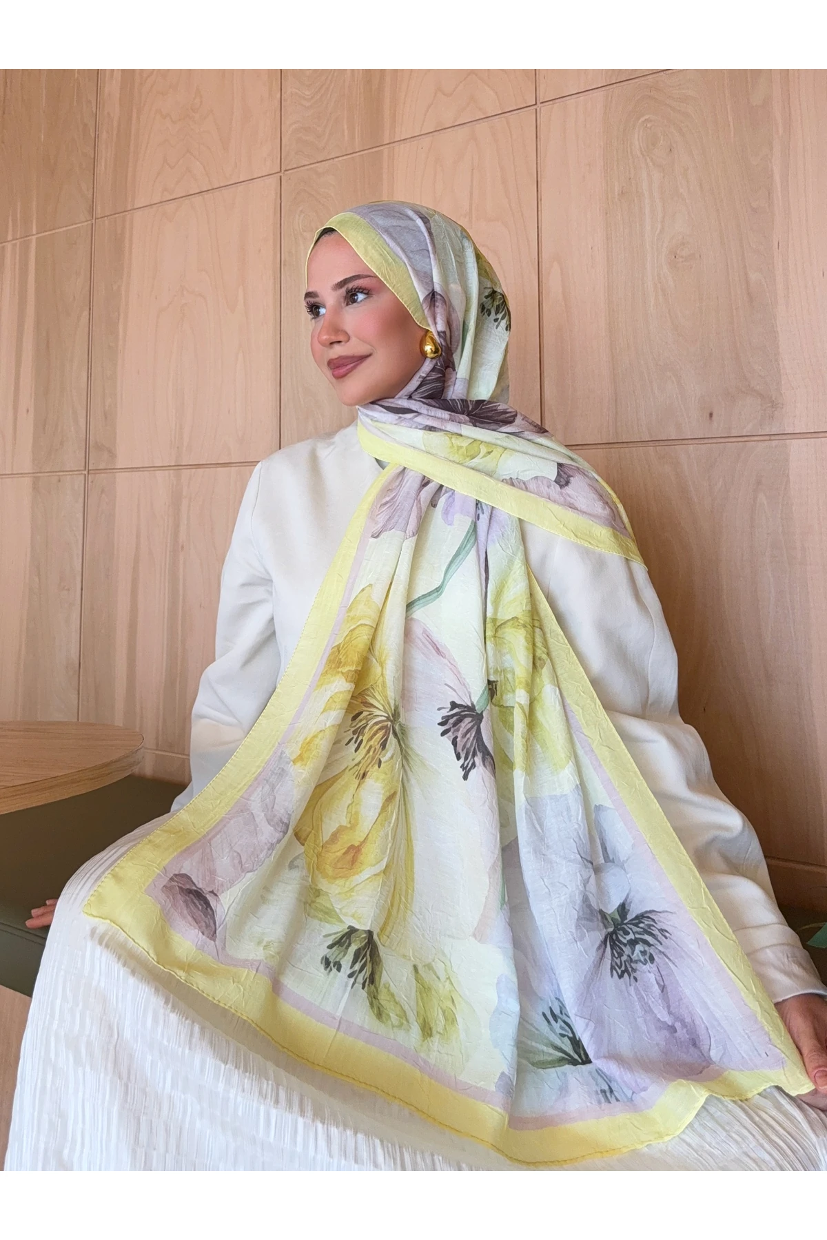 Degrade İki Renkli Bambu Kraş Şal Tok Duran Kadın Şal Haki - sarı-mor çiçek