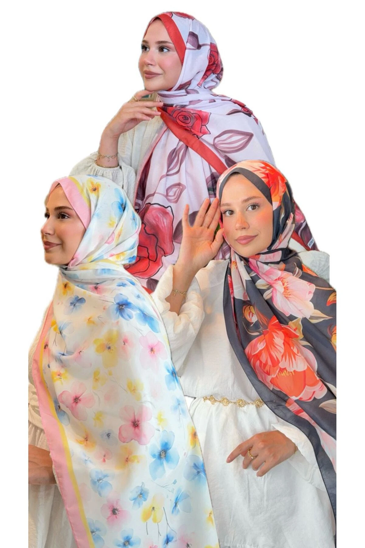 Şal Seti 3lü Kutulu Şal Hediye Seti  - çiçekli turuncu kırmızı