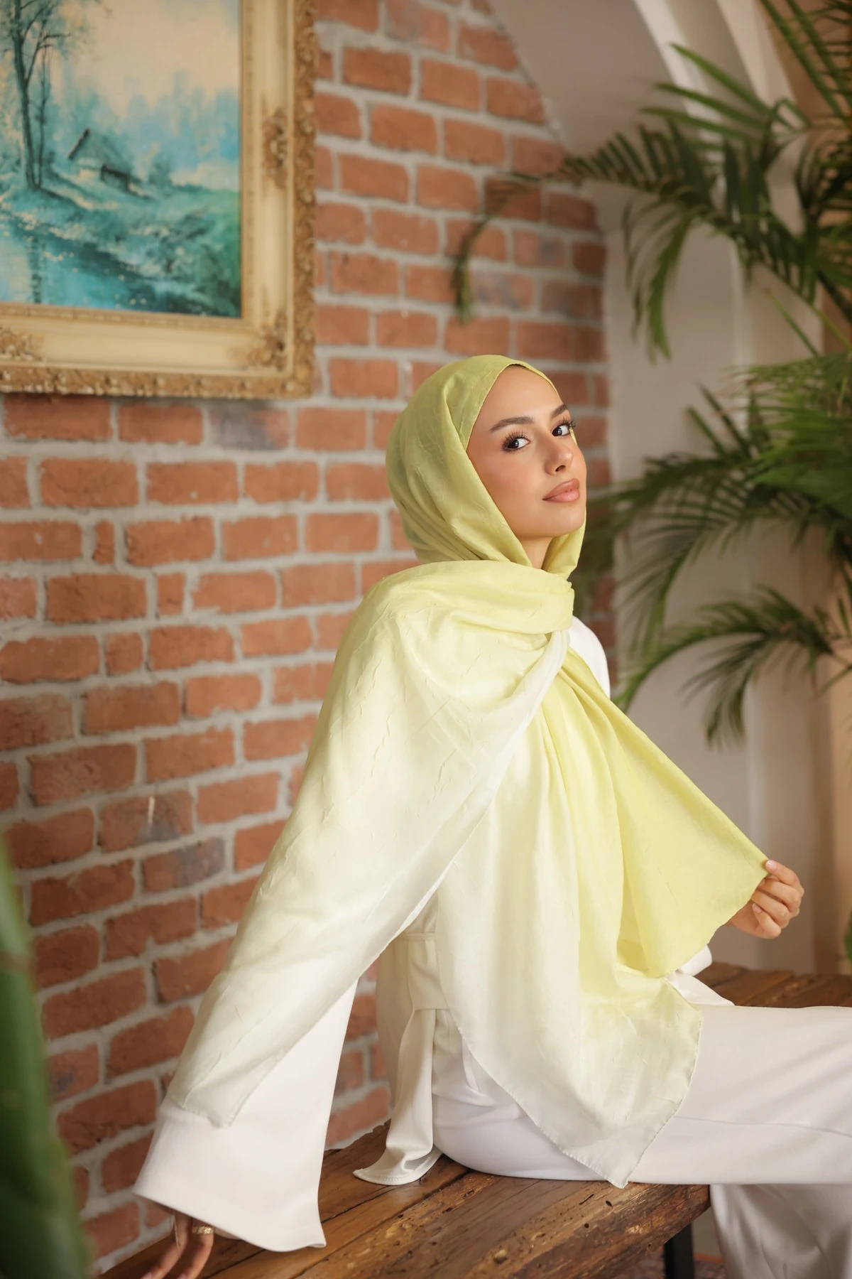 Degrade İki Renkli Bambu Kraş Şal Tok Duran Kadın Şal Haki - sarı-beyaz degrade