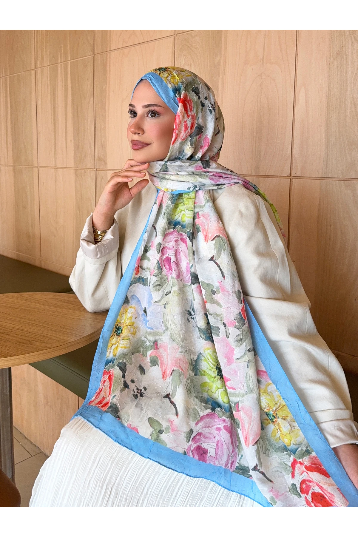 Degrade İki Renkli Bambu Kraş Şal Tok Duran Kadın Şal Haki - mavi-renkli