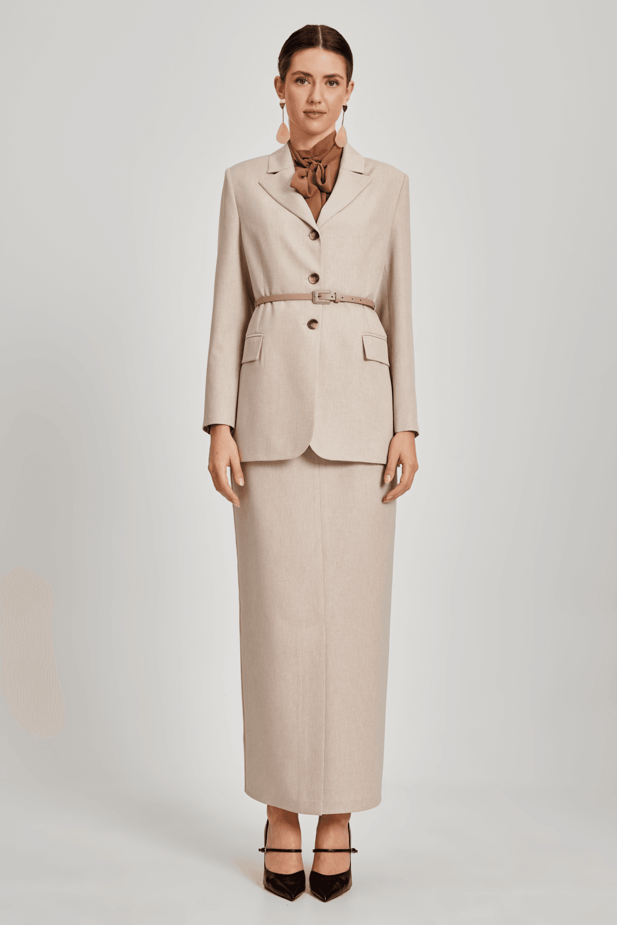 Gabardin Pantolon Etek Kemerli Takım 8123 - BEJ