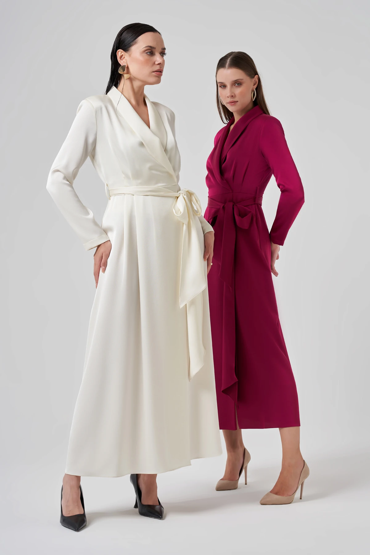 Saten Kuşaklı Kruvaze Elbise 2183  - EKRU