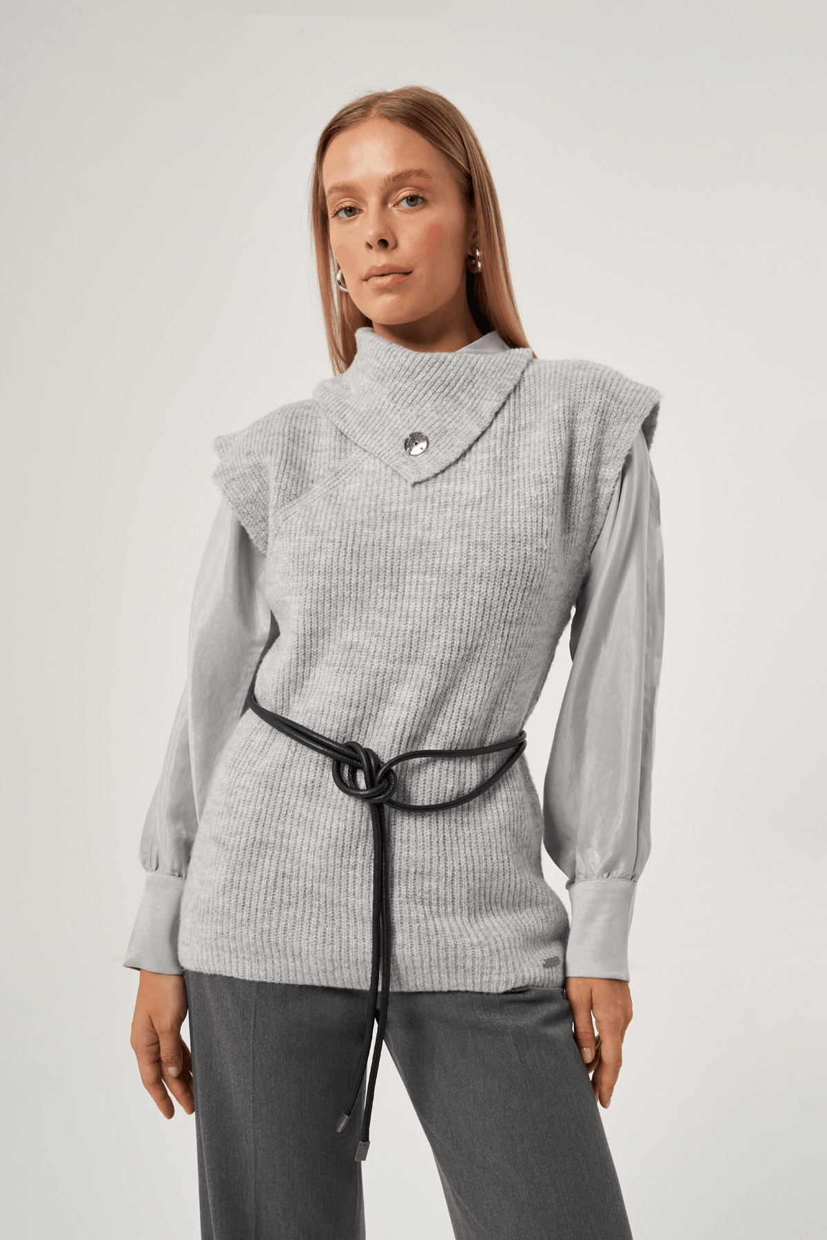 Kuşaklı Triko Süveter 3604 - GRİ