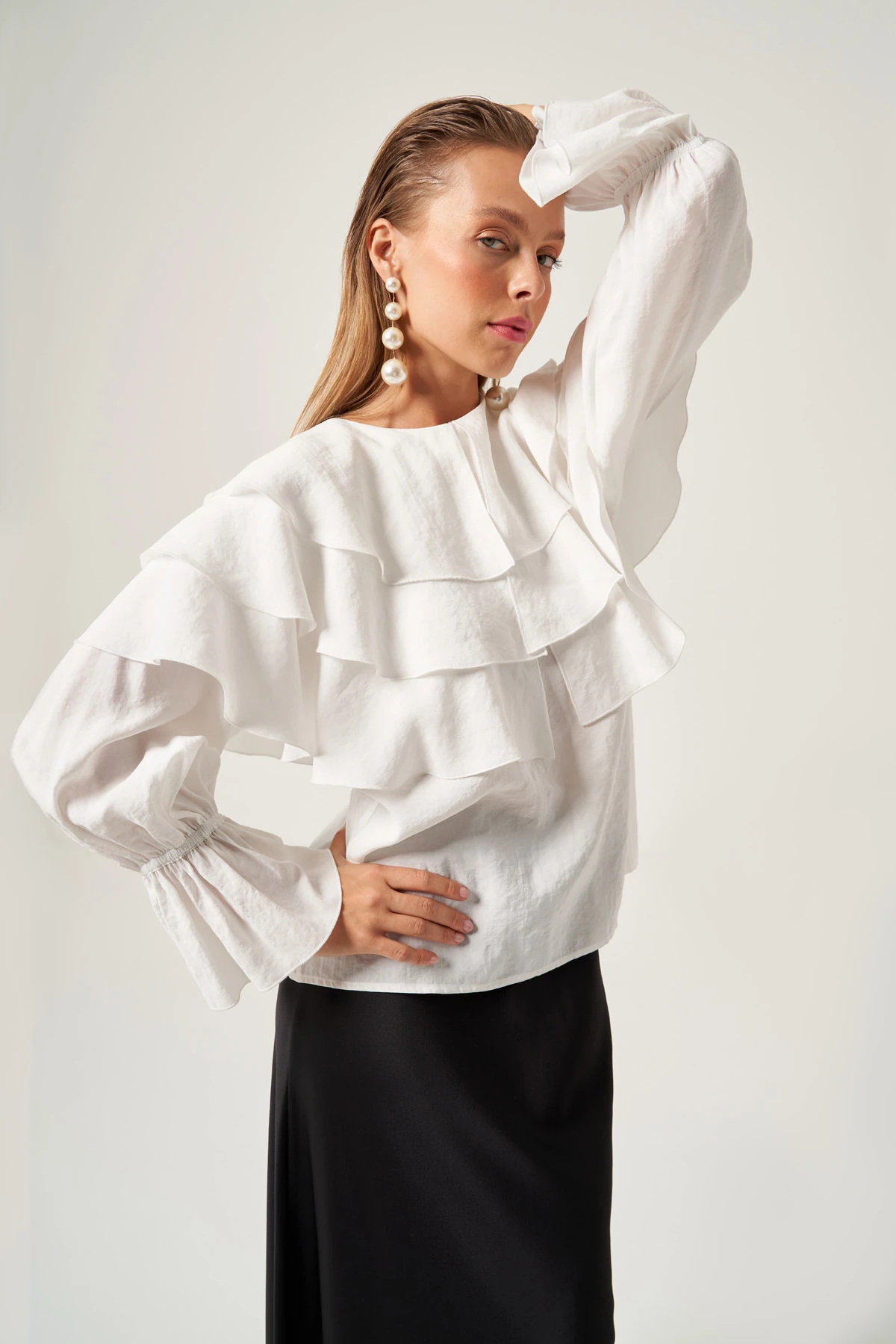 Volanlı Modal Bluz 3812 - EKRU