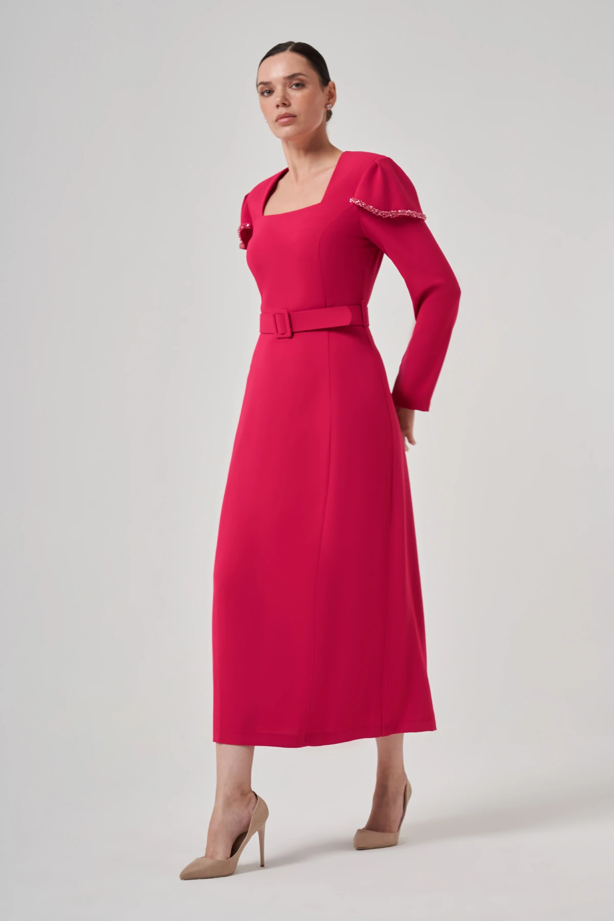 Kare Yakalı Kemerli Elbise 2227