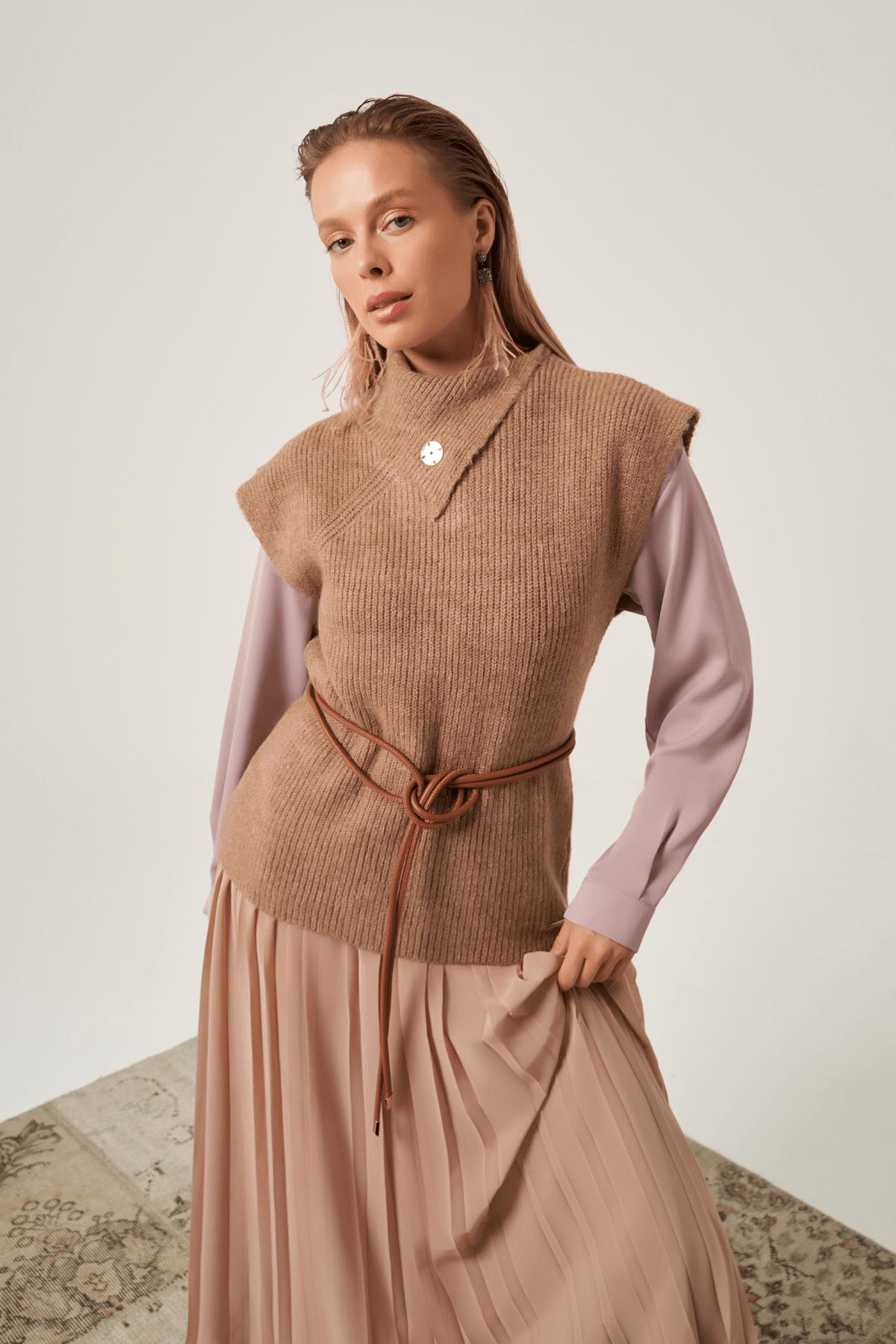 Kuşaklı Triko Süveter 3604 - TABA