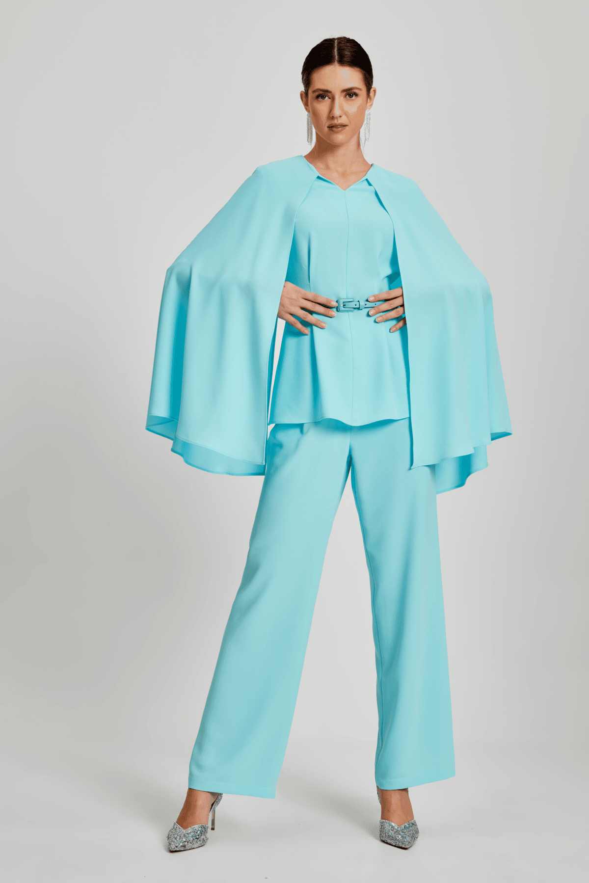 Pelerinli Kemerli Bluz Pantolon Takım 8121 - MINT