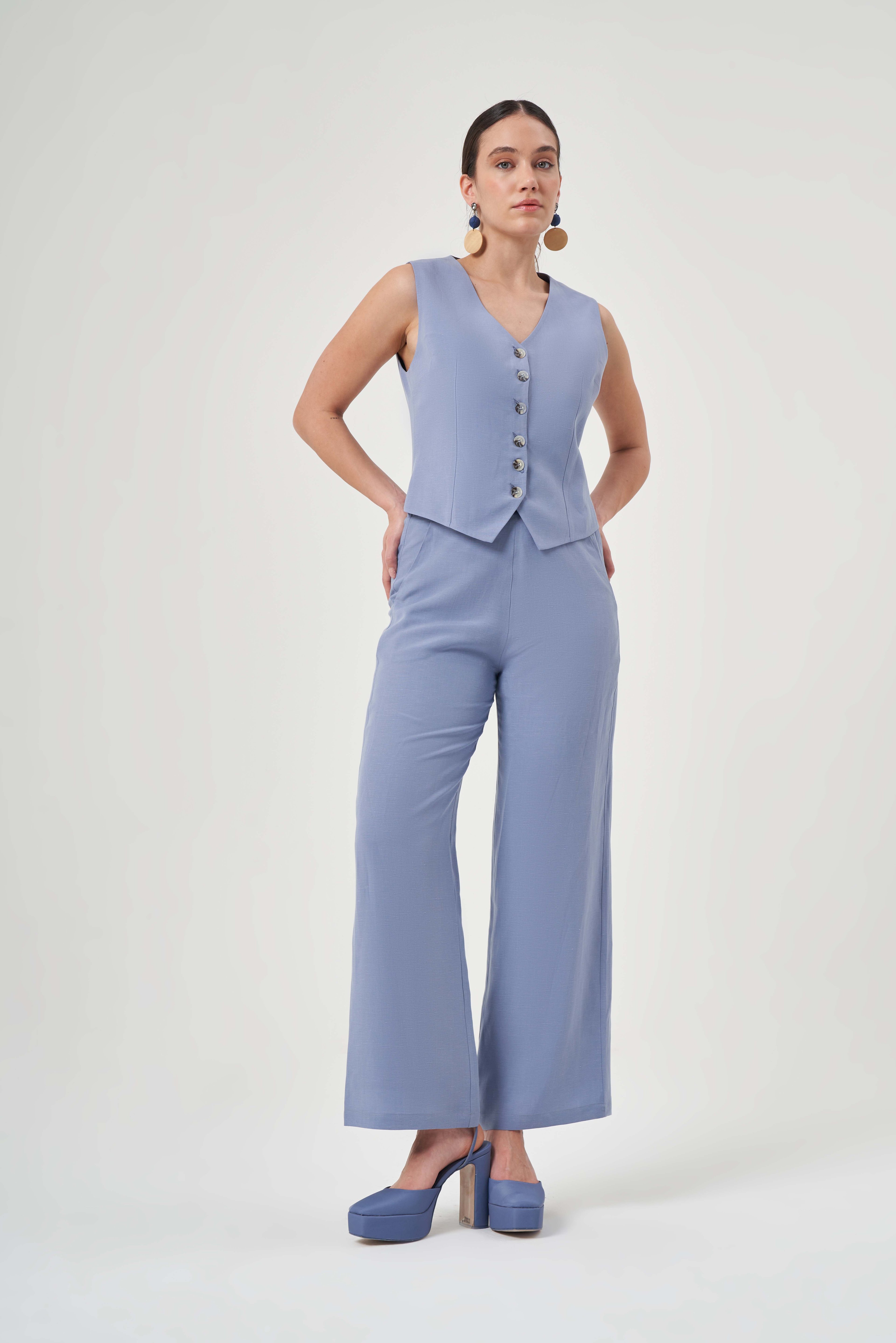 Keten Geniş Paça Pantolon 5727 - İNDİGO
