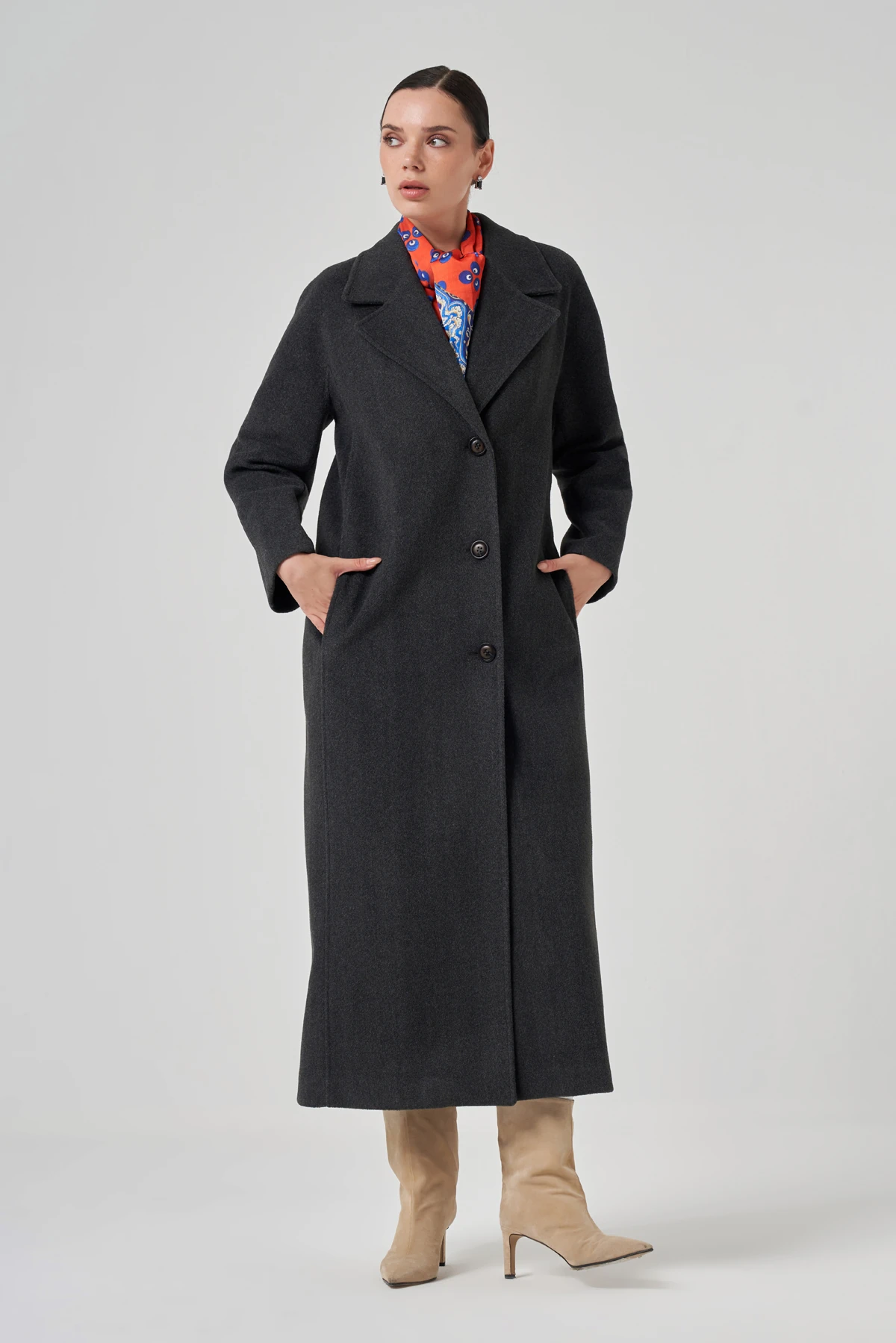 Düğmeli Oversize Kaşe Kaban 1214 - ANTRASİT