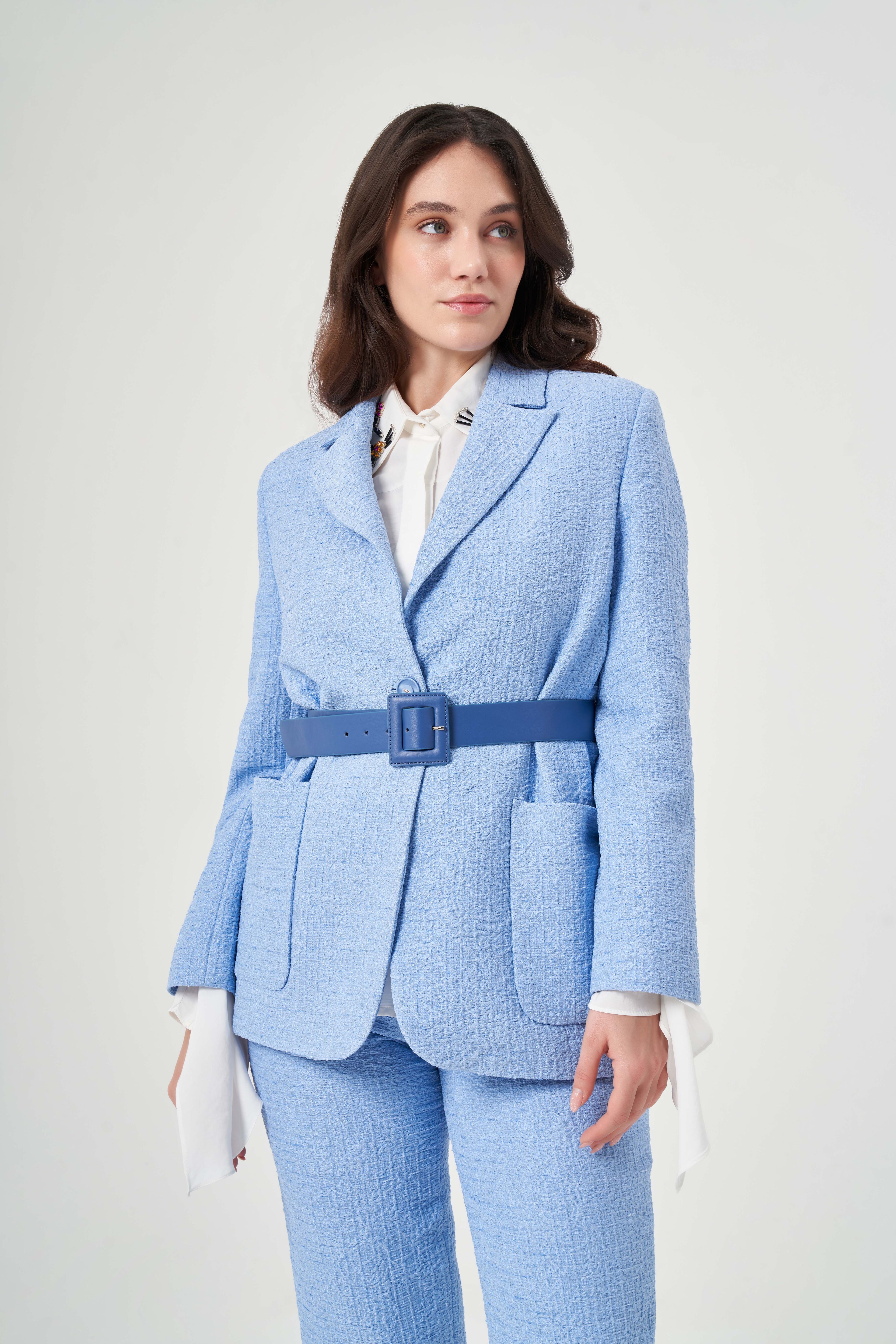 Jakar Dokulu Kemerli Blazer 6710 - MAVİ