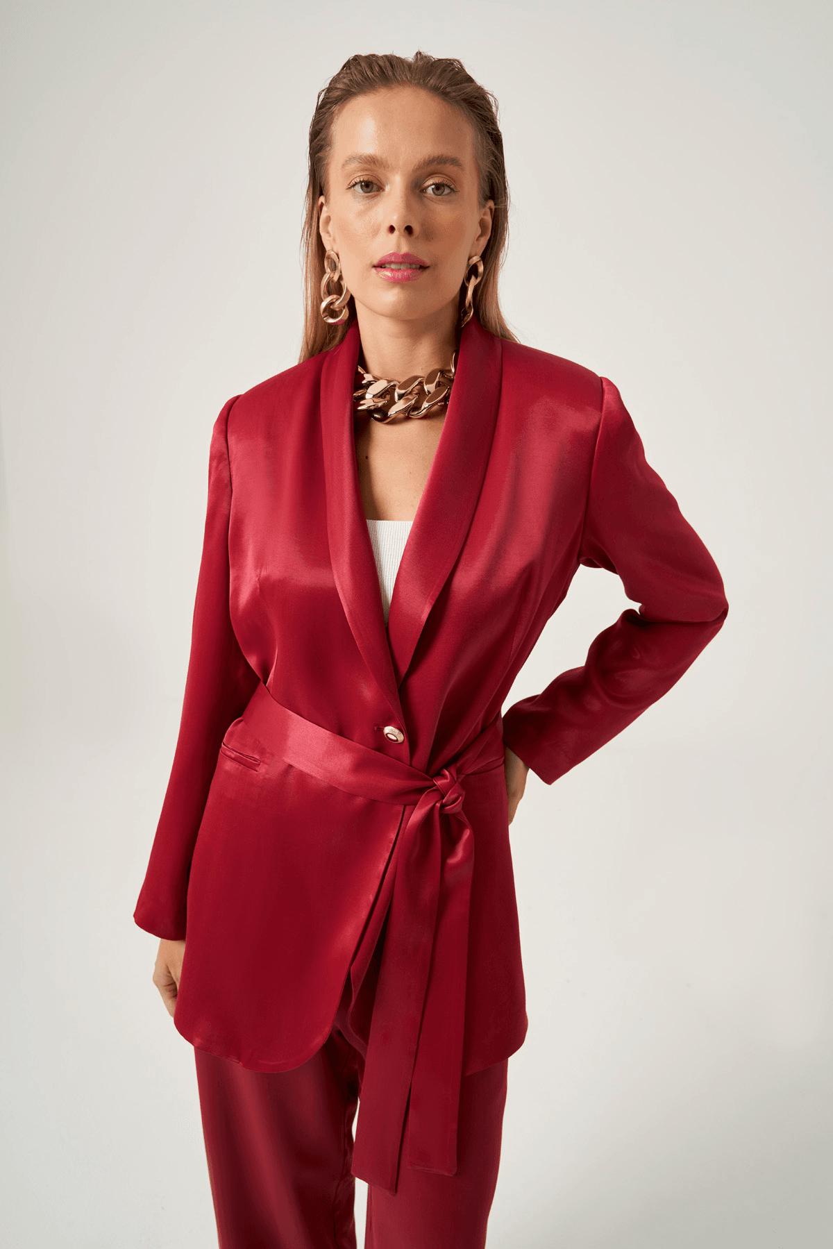 Bordo Saten Kuşaklı Takım 8807