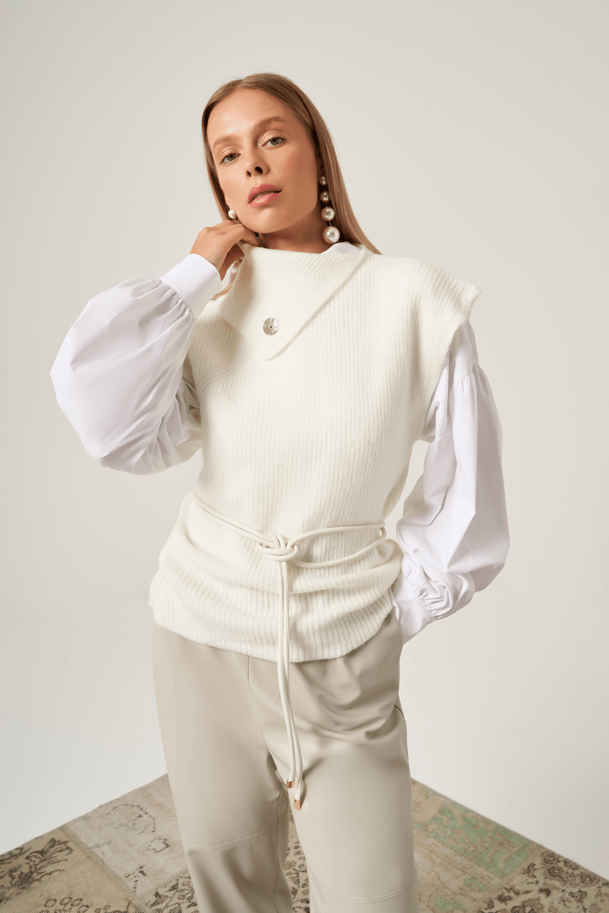 Kuşaklı Triko Süveter 3604 - EKRU