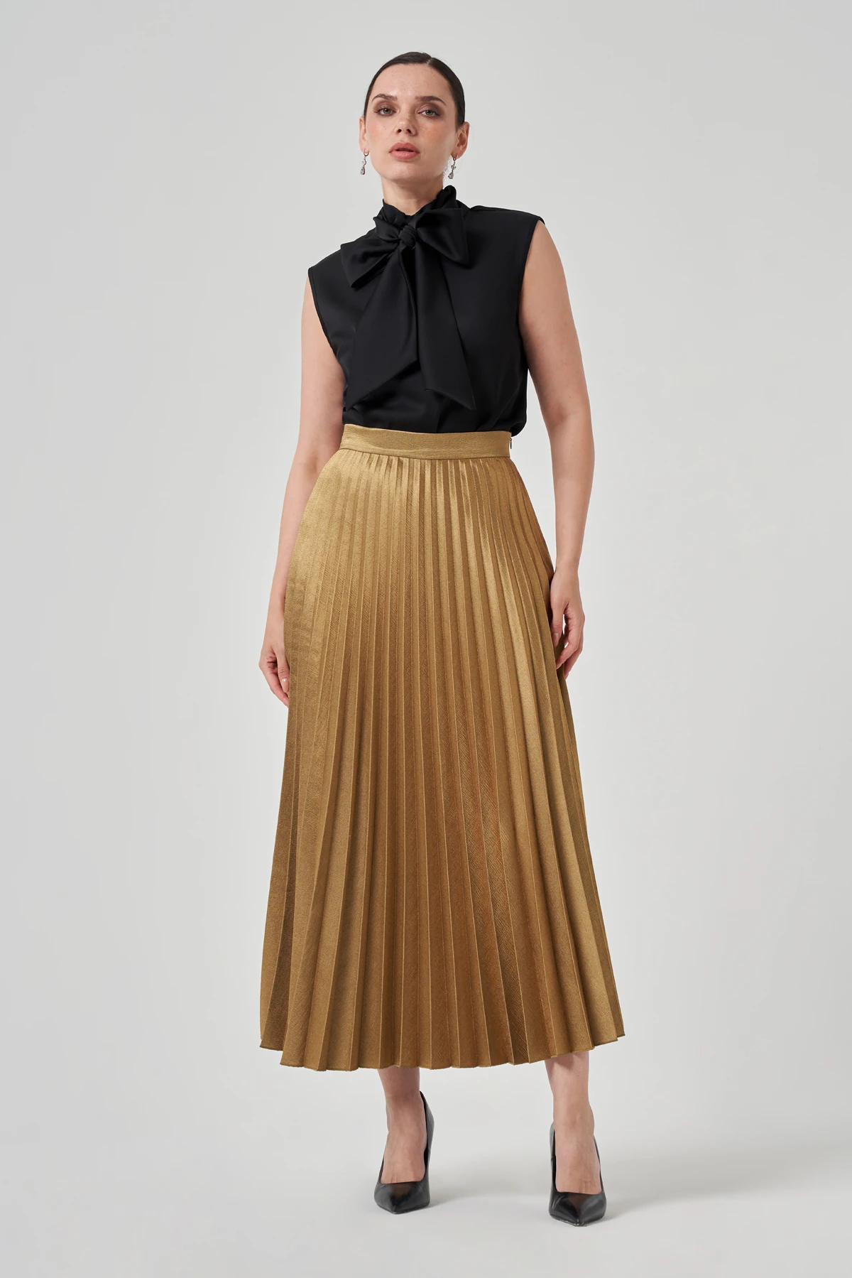 Pileli Metalik Uzun Etek 4205 - GOLD