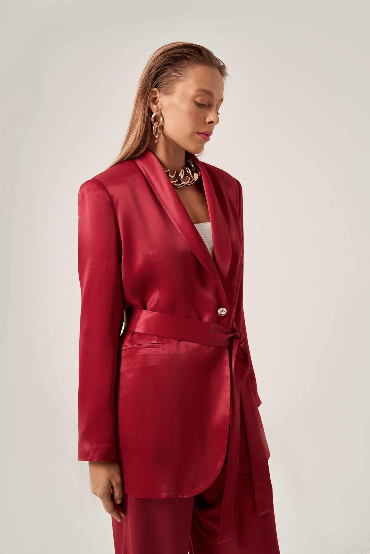 Bordo Saten Kuşaklı Takım 8807