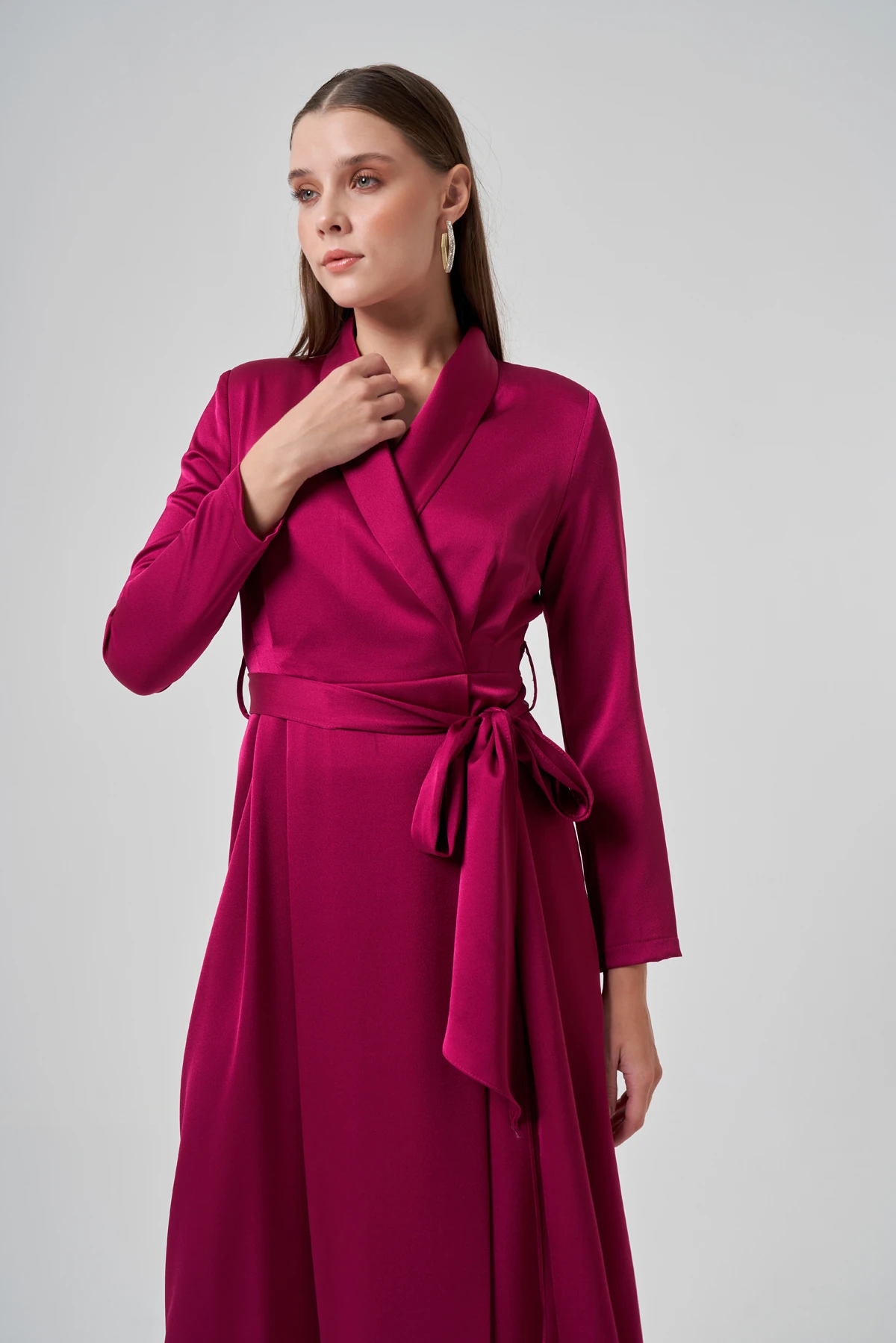 Saten Kuşaklı Kruvaze Elbise 2183  - BORDO