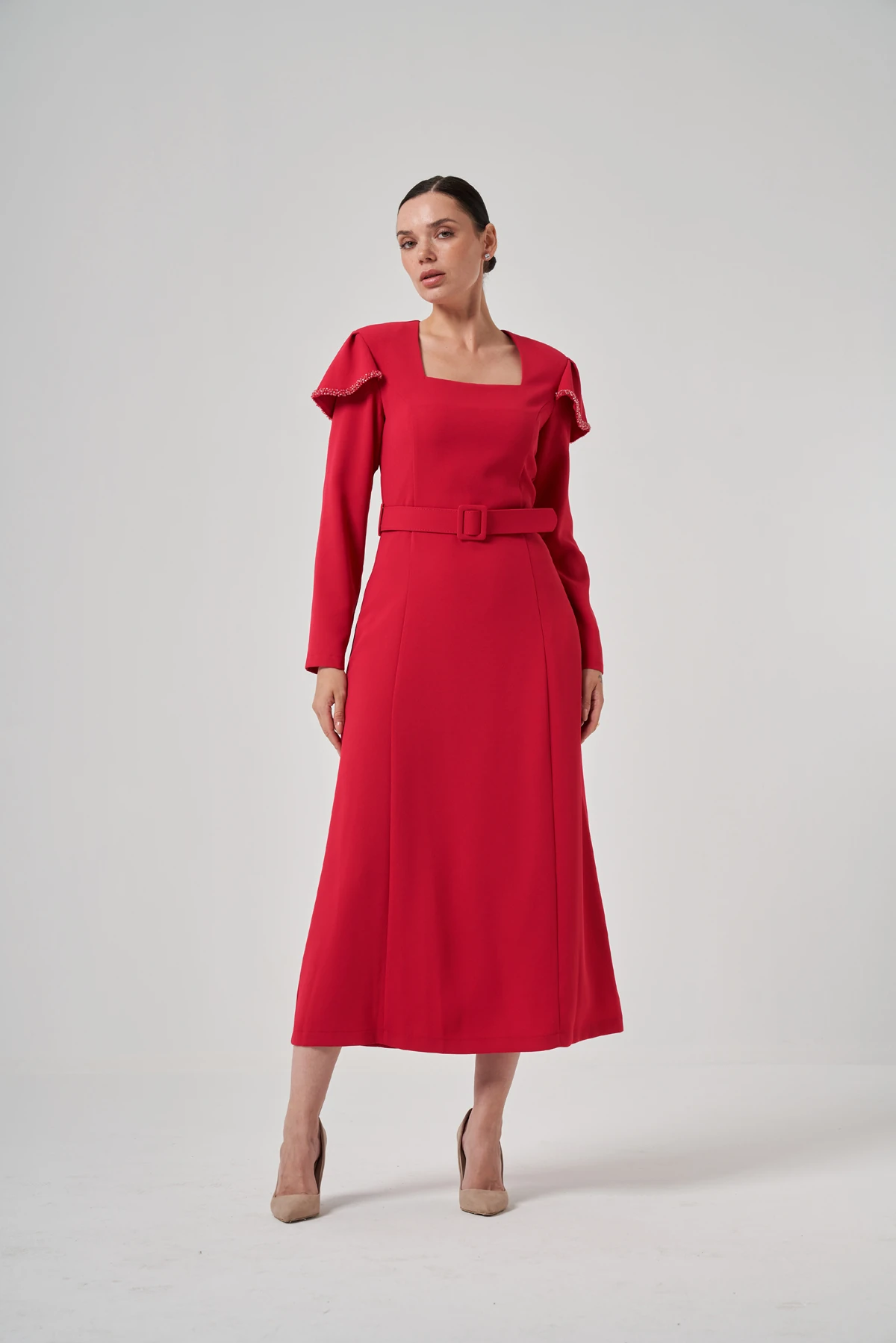 Kare Yakalı Kemerli Elbise 2227