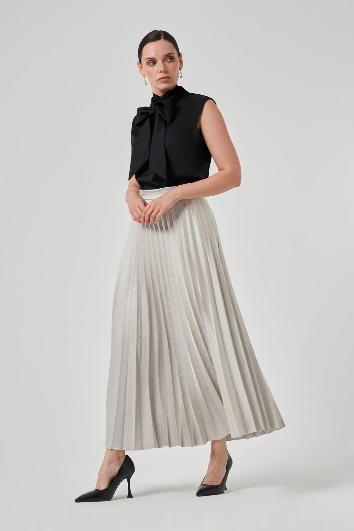 Pileli Metalik Uzun Etek 4205 - GRİ