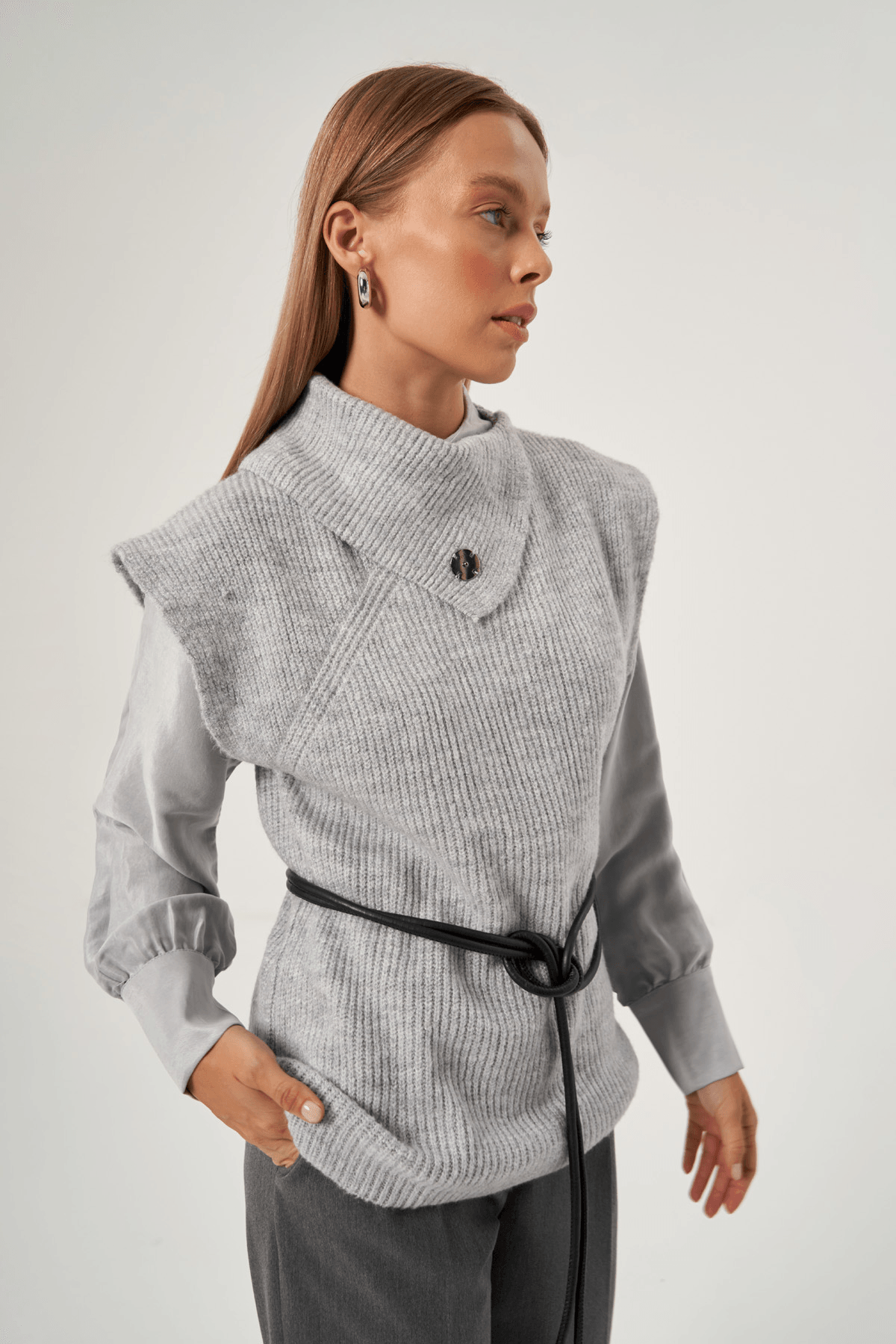 Kuşaklı Triko Süveter 3604