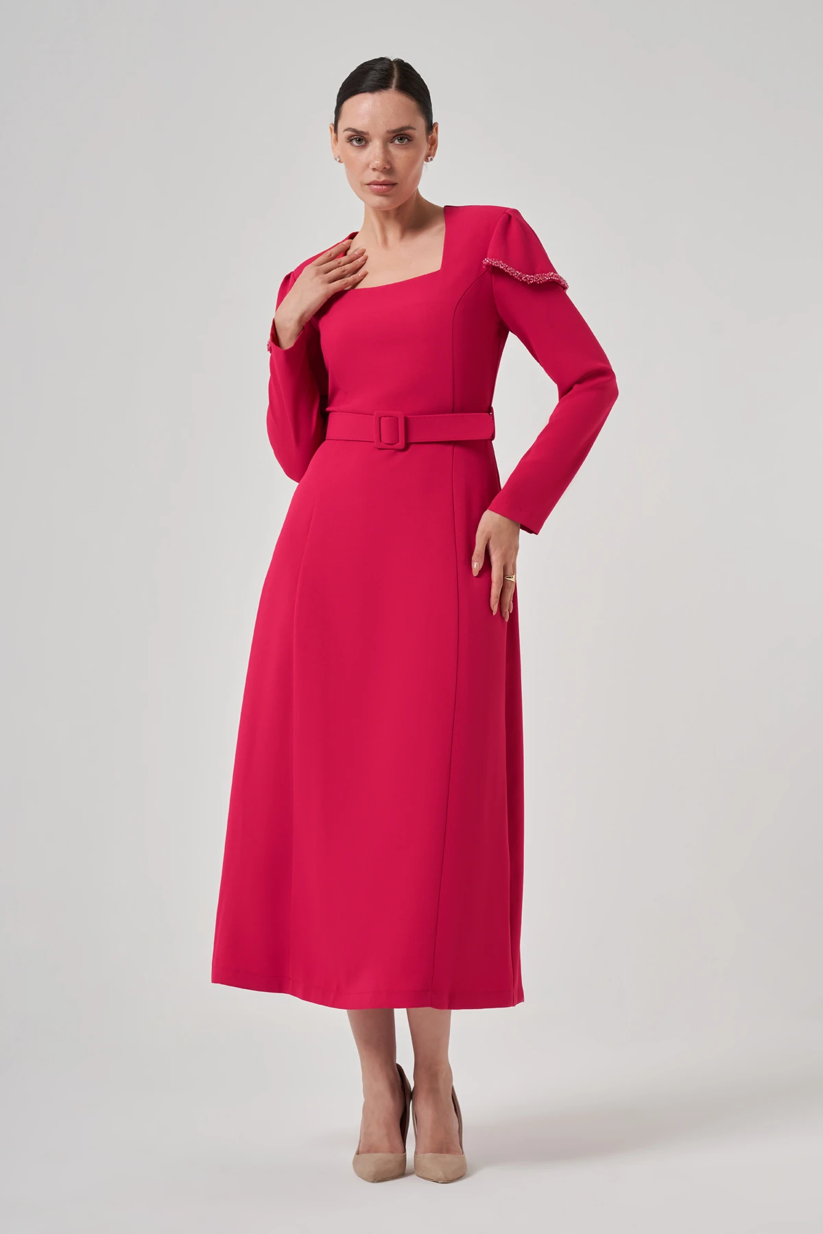 Kare Yakalı Kemerli Elbise 2227