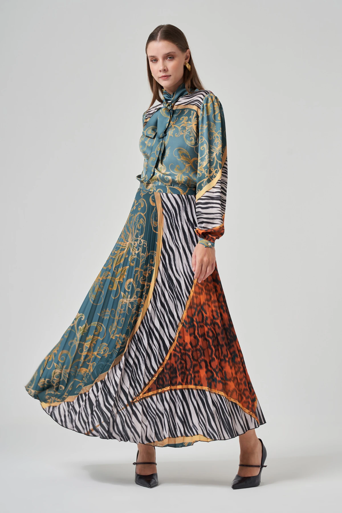 Pileli Desenli Uzun Etek 4203 - HAKI