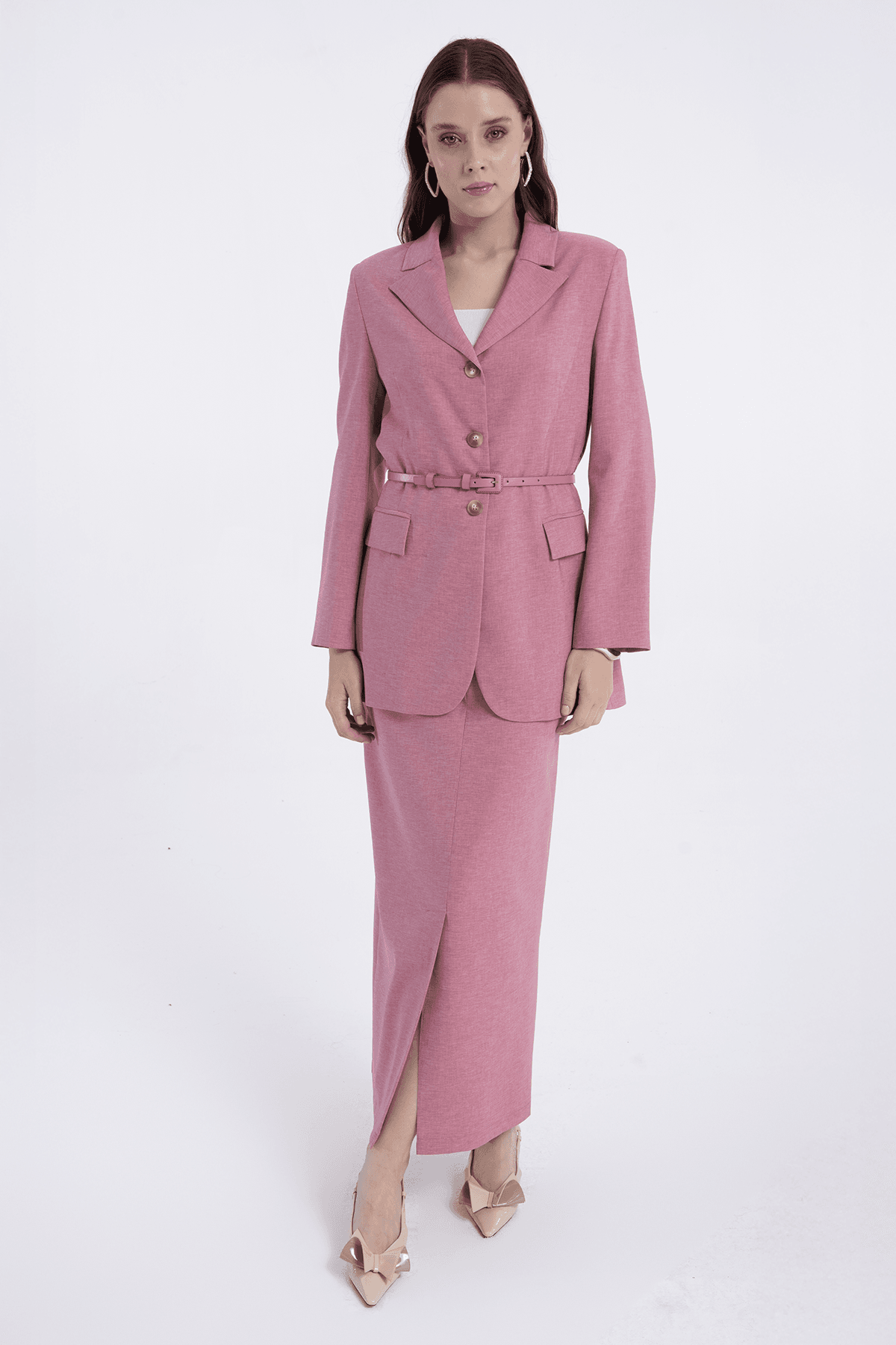 Gabardin Pantolon Etek Kemerli Takım 8123 - GÜL KURUSU