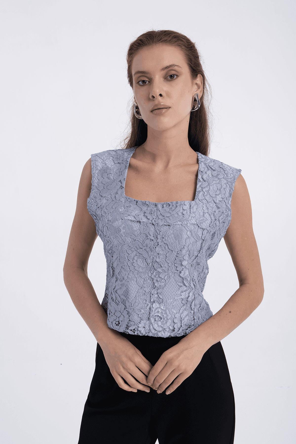 Dantel Crop Bluz 3920 - GRİ