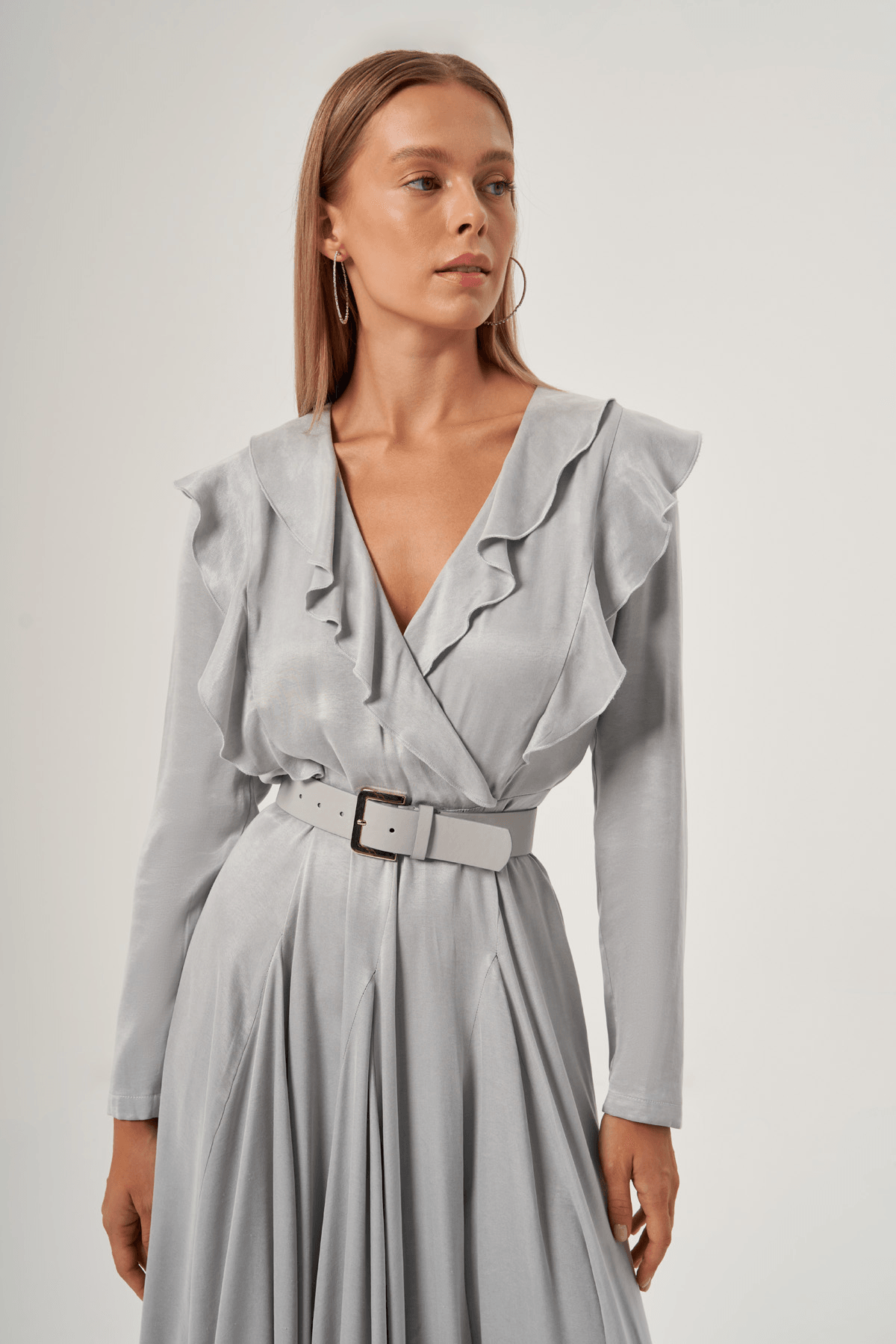 Vegan Deri Kemerli Modal Elbise 2807  - GRİ