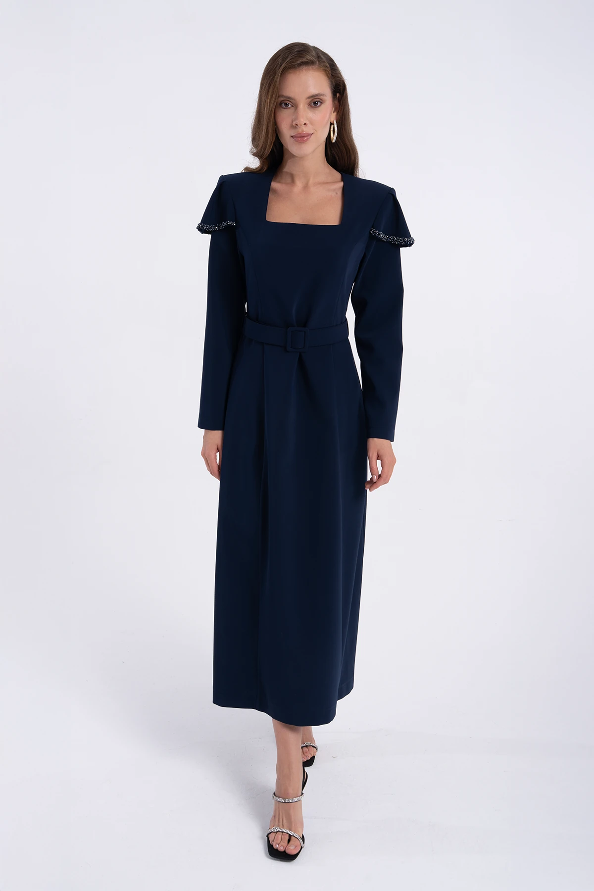 Kare Yakalı Kemerli Elbise 2227 - LACİVERT