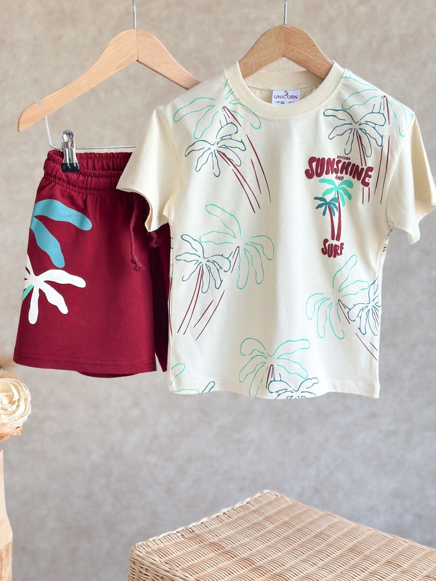 Bordo Ekru Sunshine Surf Palmiye Baskılı Şortlu Takım
