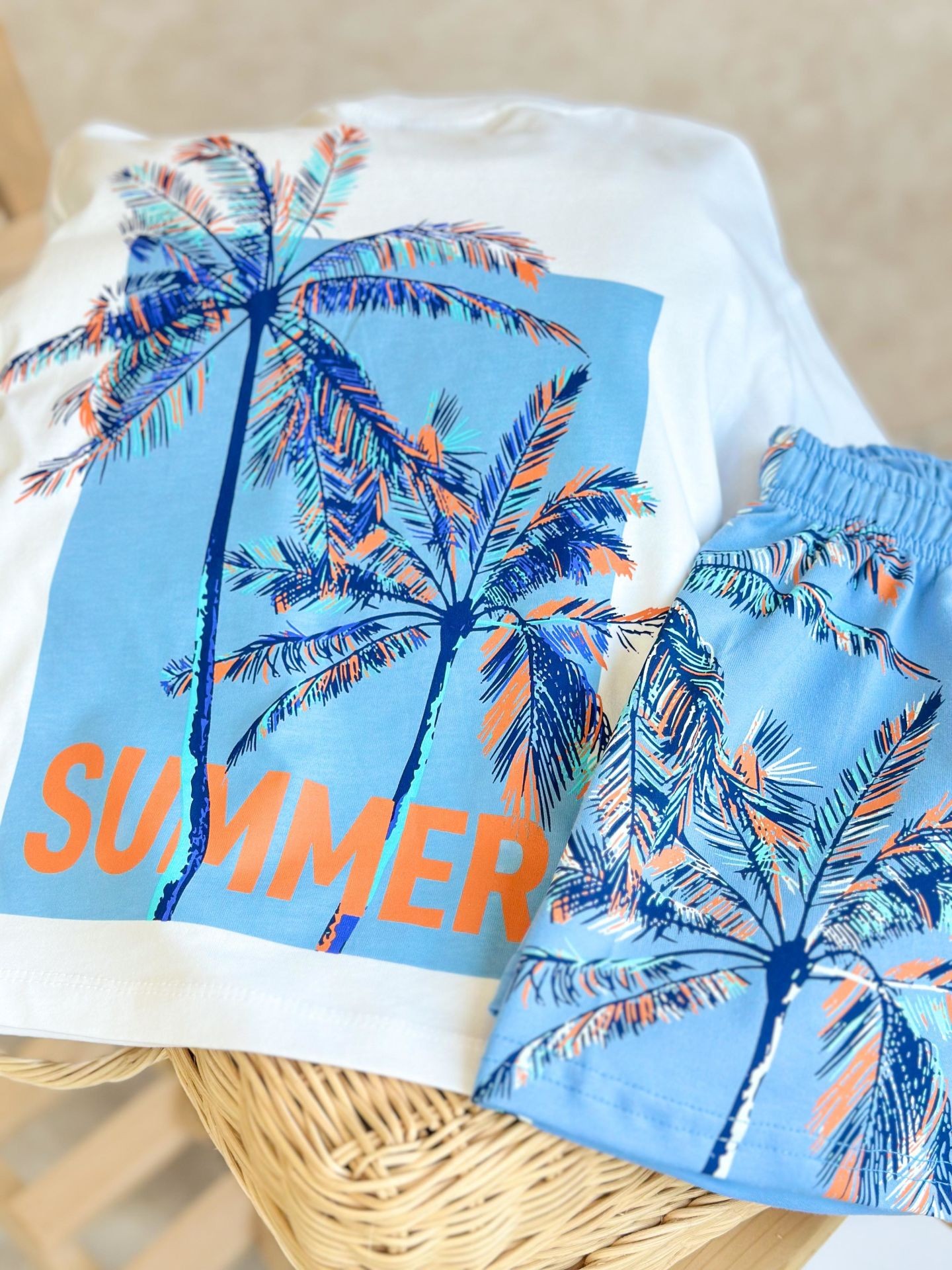 Summer Palmiye Baskılı Mavi Turuncu Şortlu Takım