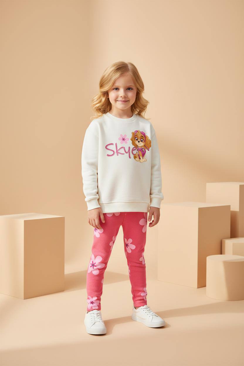 Pembe Çiçekli Paw Patrol Skye Taytlı Takım