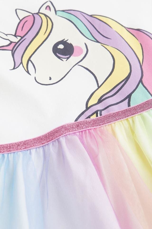 Unicorn Baskılı Rengarenk Tütülü Elbise
