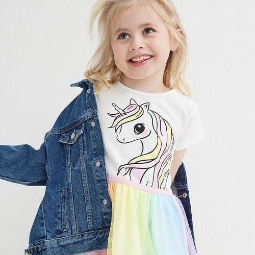 Unicorn Baskılı Rengarenk Tütülü Elbise