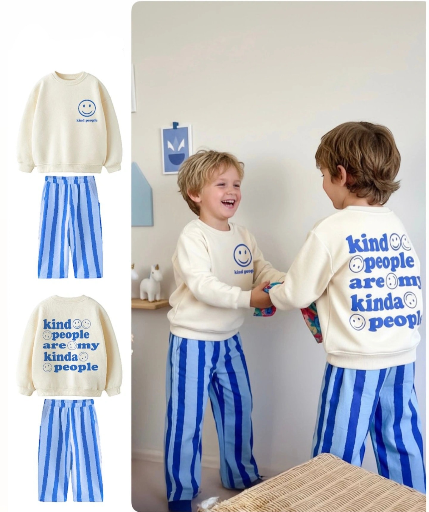 Mavi Lacivert Kind People Sloganlı Canvas Dokuma Pantolonlu Takım 