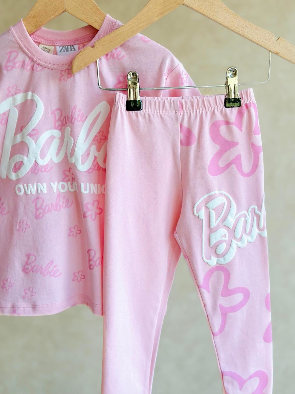 Pembe Barbie Karbartma Baskılı Uzun Taytlı Takım