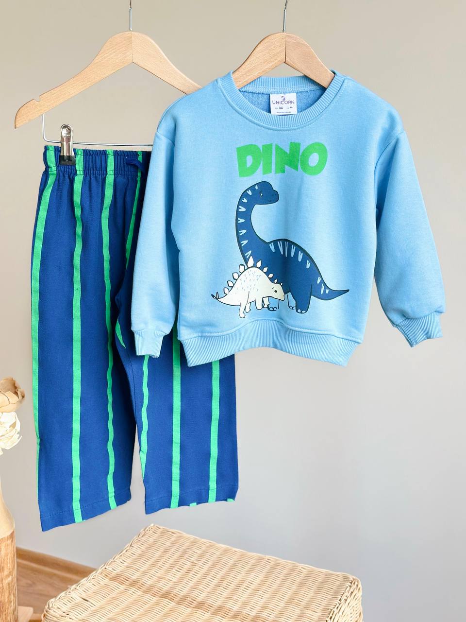 Mavi Yeşil Mino Dino Canvas Dokuma Pantolonlu Takım 