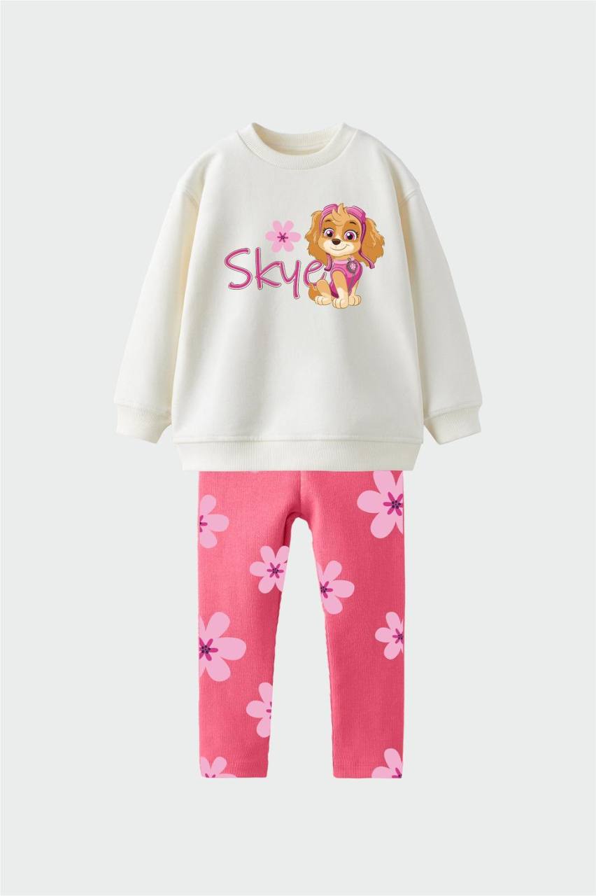 Pembe Çiçekli Paw Patrol Skye Taytlı Takım