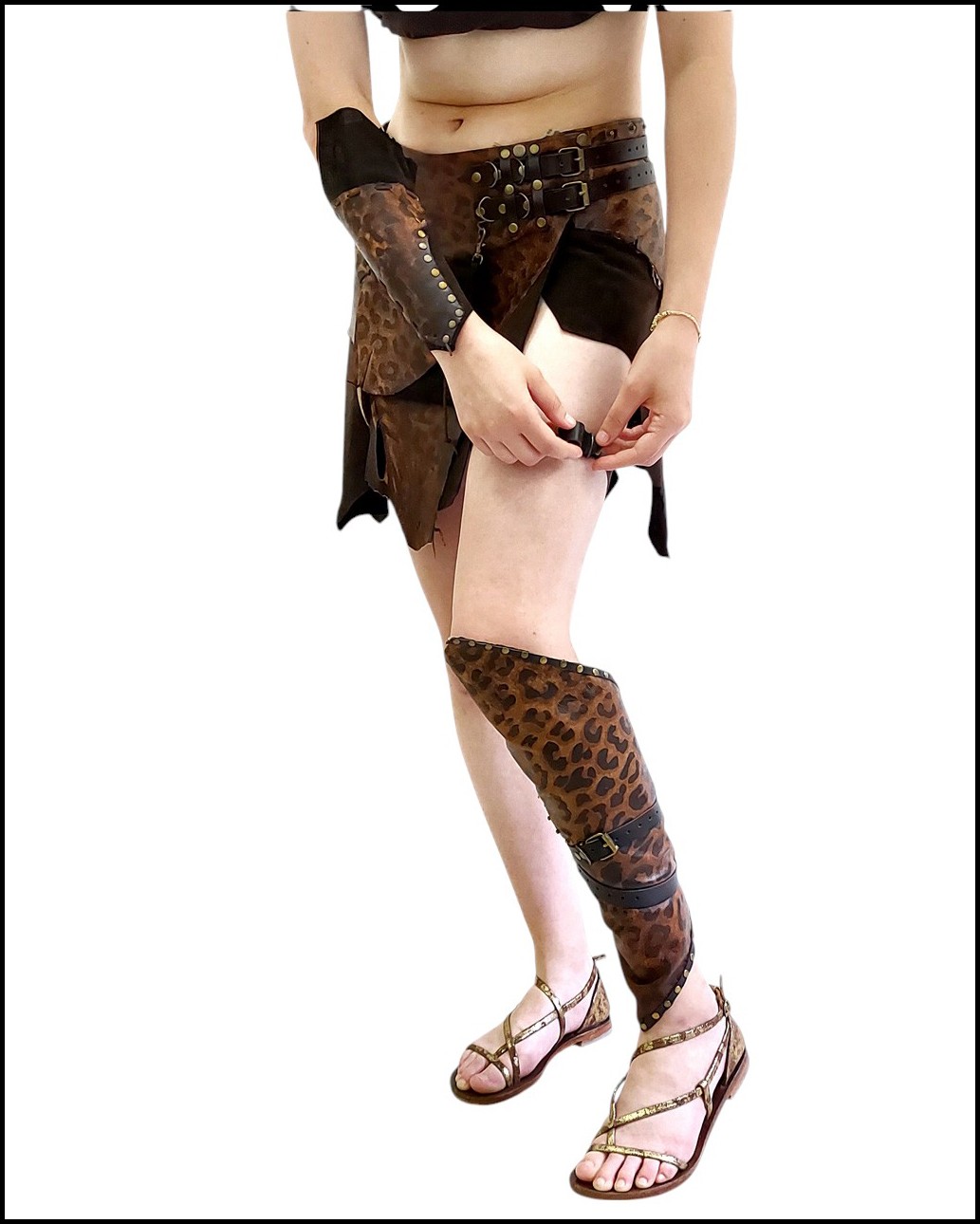 Leopar Desenli Deri Kolluk-Tozluk Set