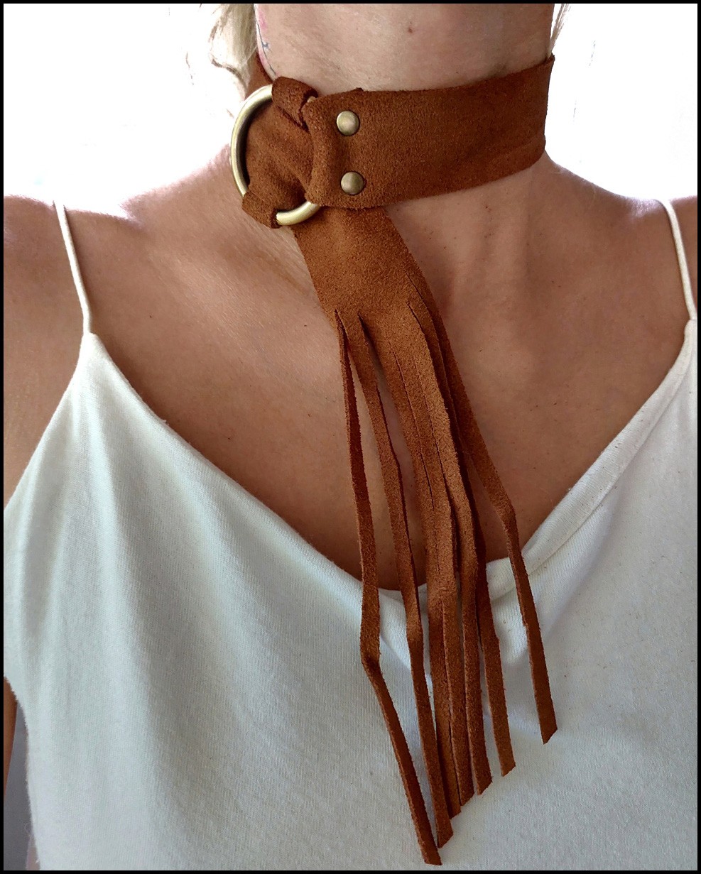 Püsküllü,Taba,Deri bileklik-Kolye/Choker Set
